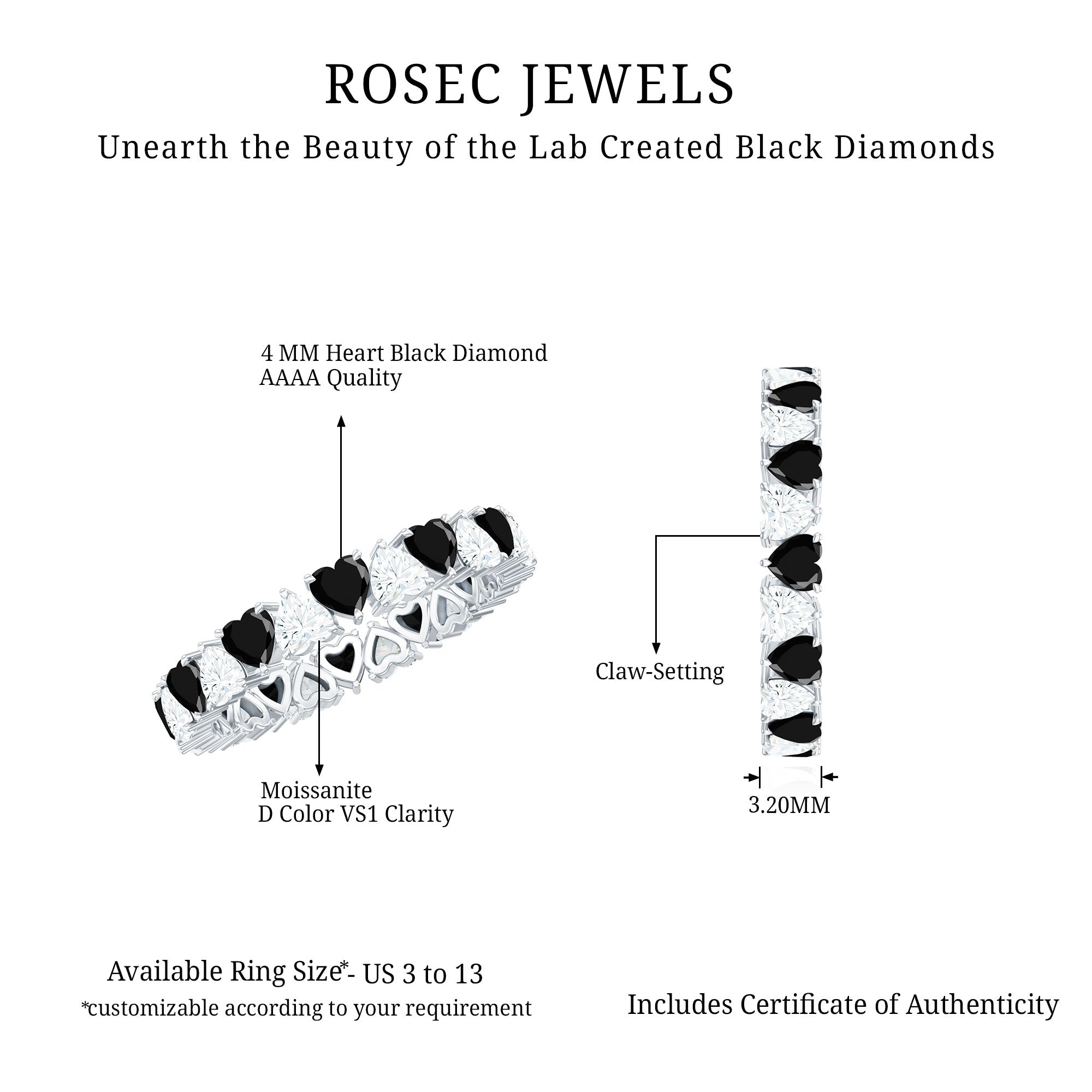 Heart Shape Lab Grown Black Diamond Eternity Band With Moissanite AAAA ( Synthetic ) - Rosec Jewels