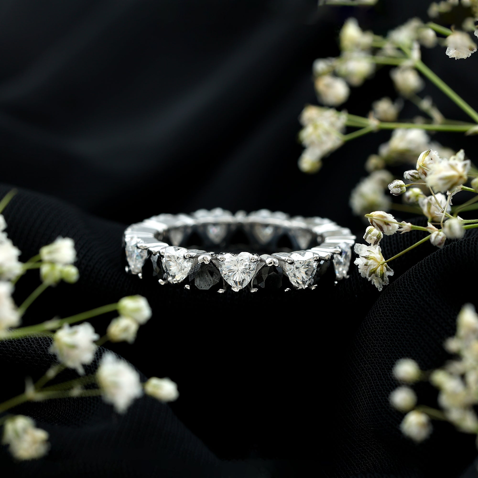 Heart Shape Lab Grown Black Diamond Eternity Band With Moissanite AAAA ( Synthetic ) - Rosec Jewels