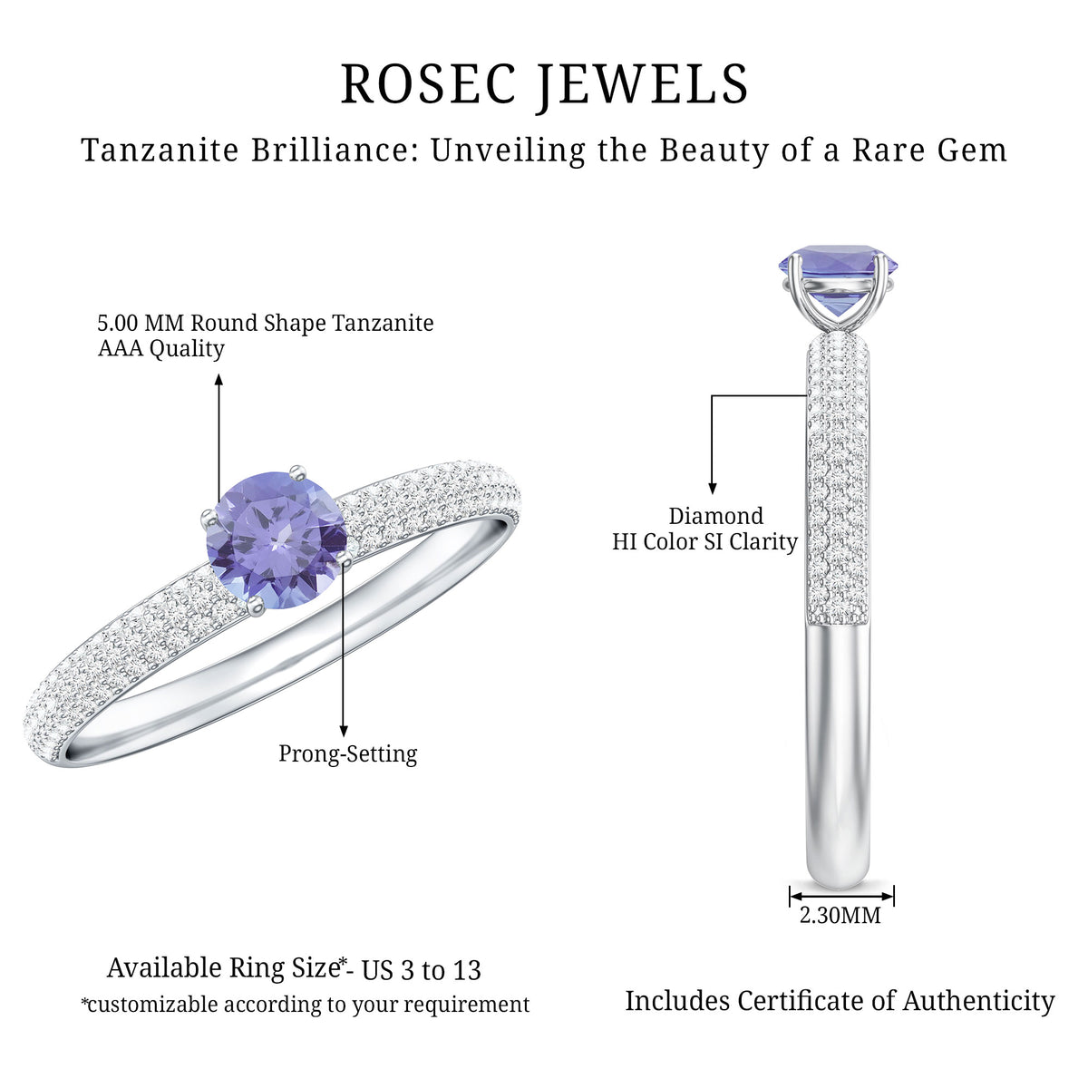 Natural Tanzanite Engagement Ring with Pave Diamond Side Stones AAA - Rosec Jewels
