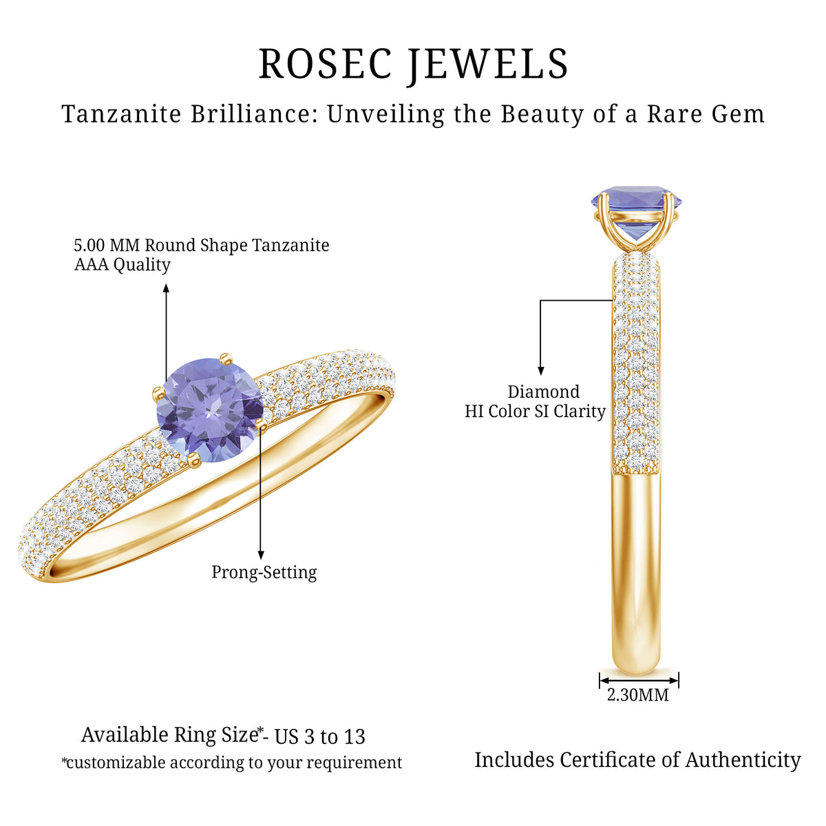 Natural Tanzanite Engagement Ring with Pave Diamond Side Stones AAA - Rosec Jewels