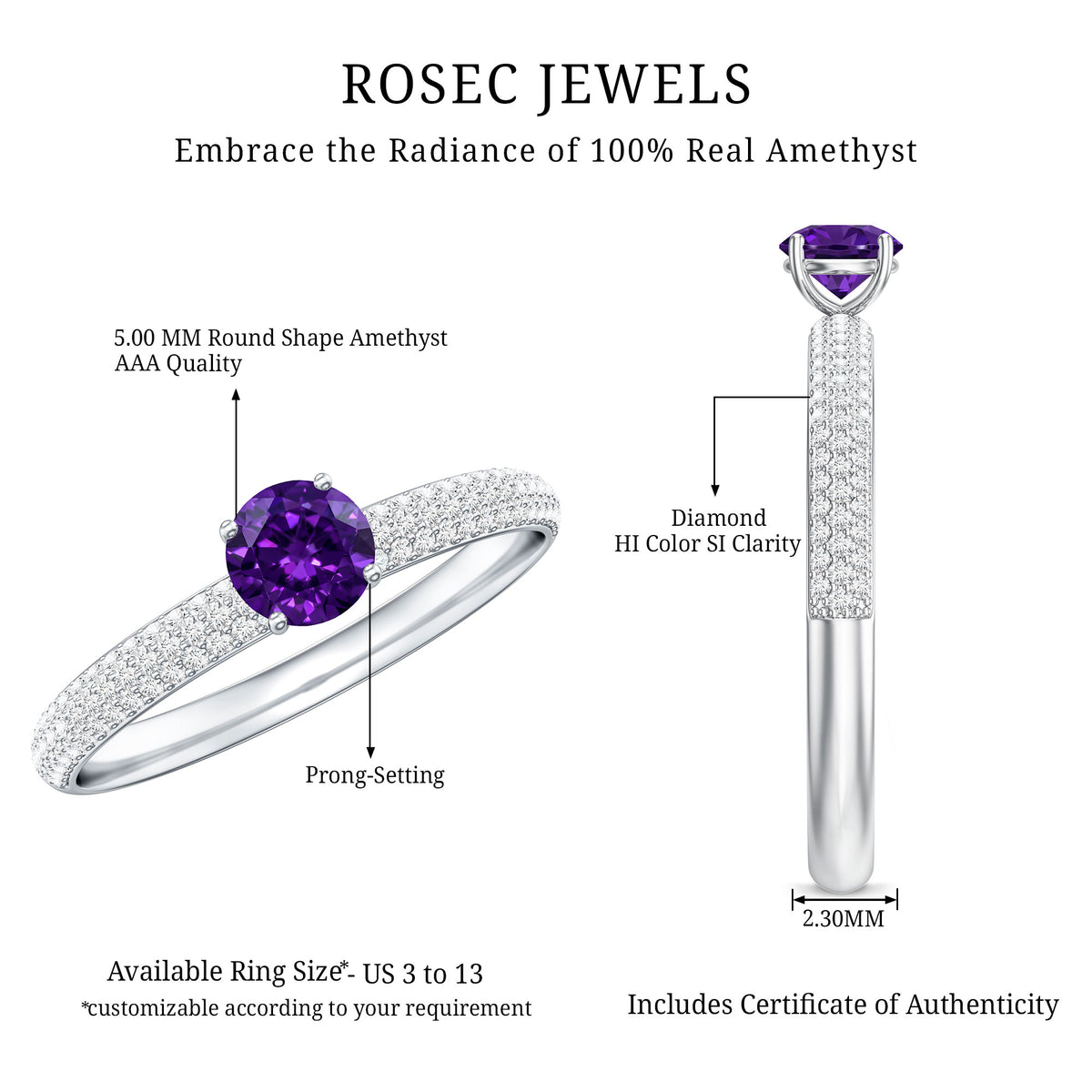 Natural Amethyst Engagement Ring with Diamond for Women AAA - Rosec Jewels