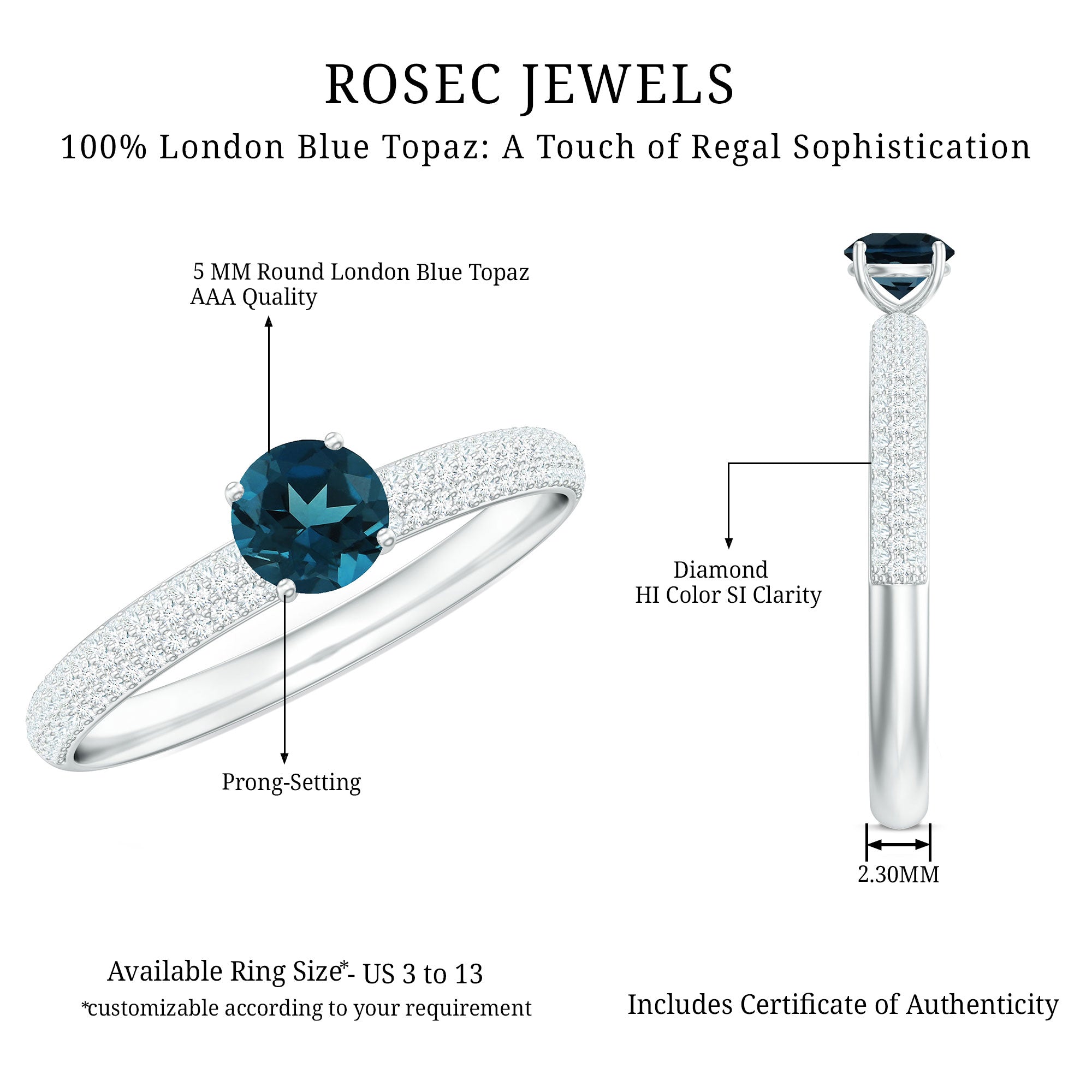 5mm London Blue Topaz Solitaire Promise Ring with Diamond AAA - Rosec Jewels