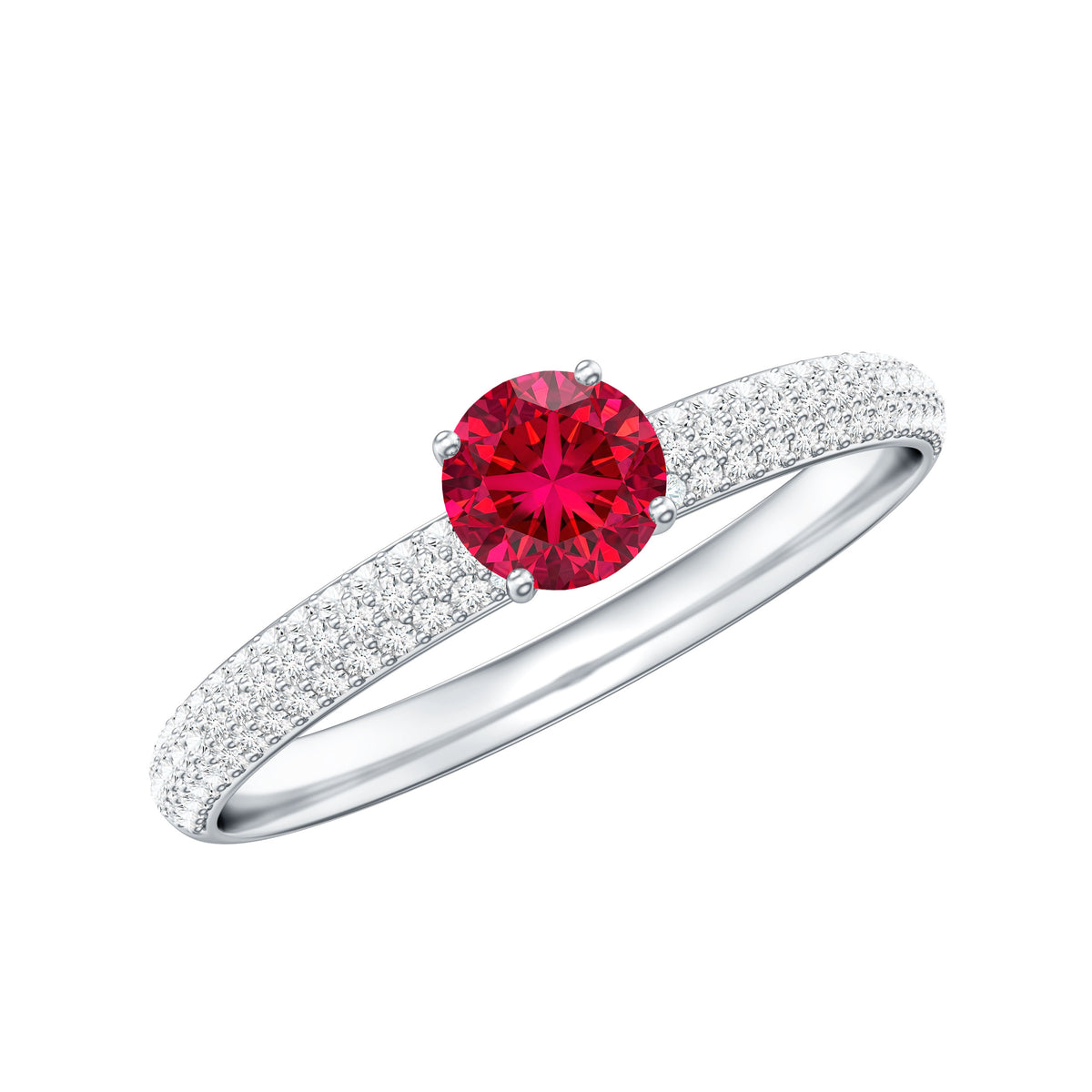 Lab Created Ruby Solitaire Ring with Moissanite Side Stones AAAA - Rosec Jewels