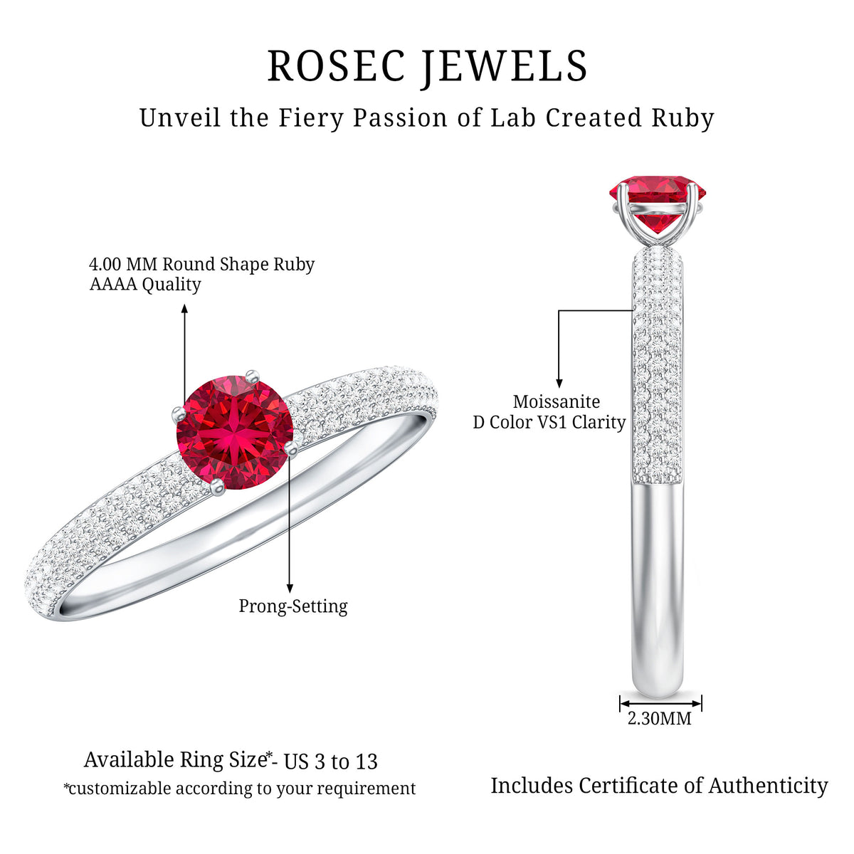 Lab Created Ruby Solitaire Ring with Moissanite Side Stones AAAA - Rosec Jewels