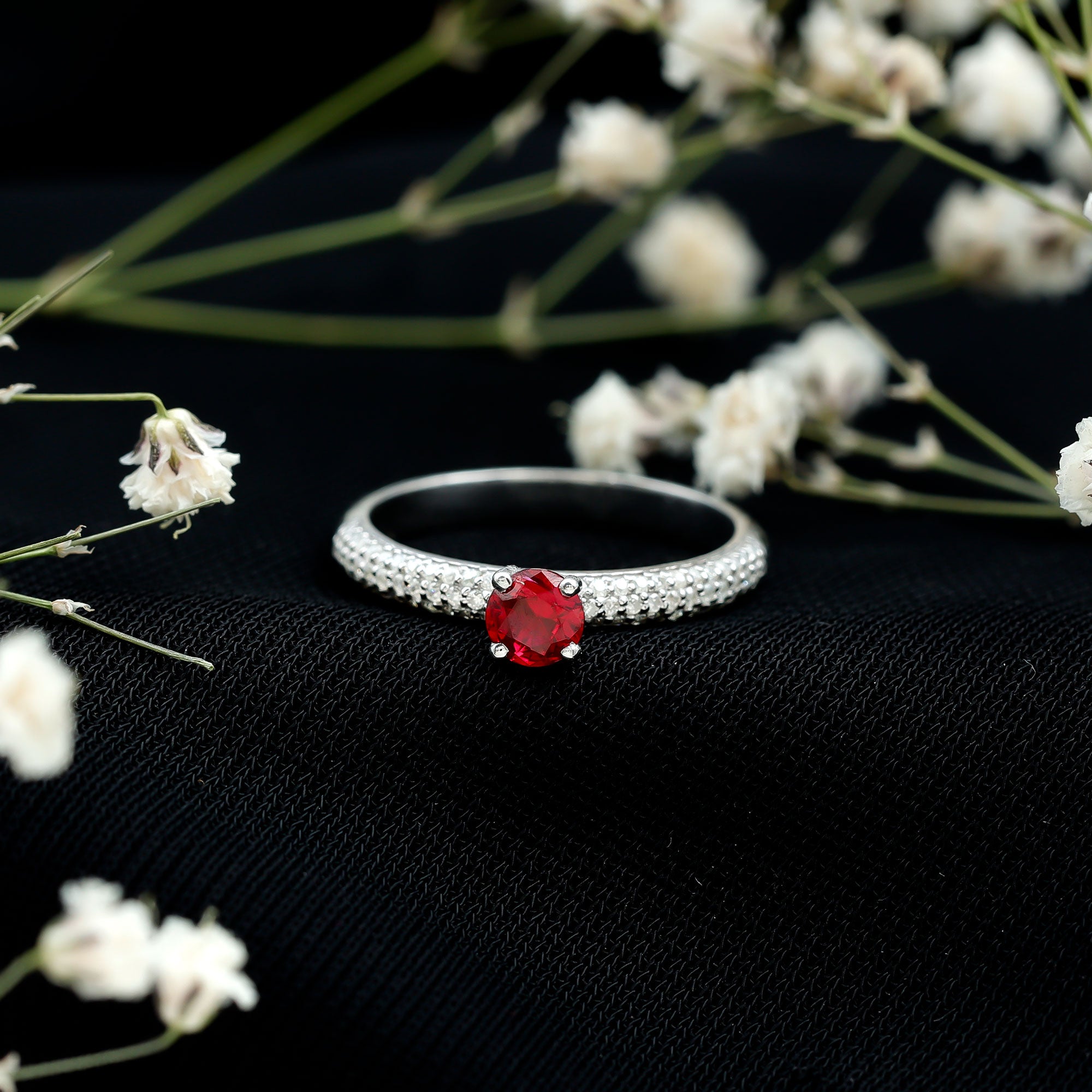 Rosec Jewels-Lab Created Ruby Solitaire Ring with Moissanite Side Stones