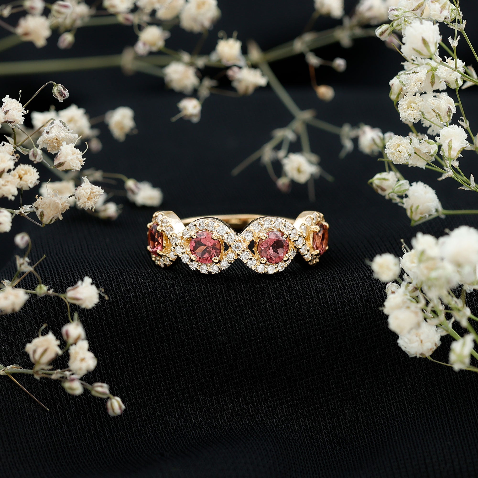 Pink Tourmaline Infinity Half Eternity Band Ring with Diamond AAA - Rosec Jewels
