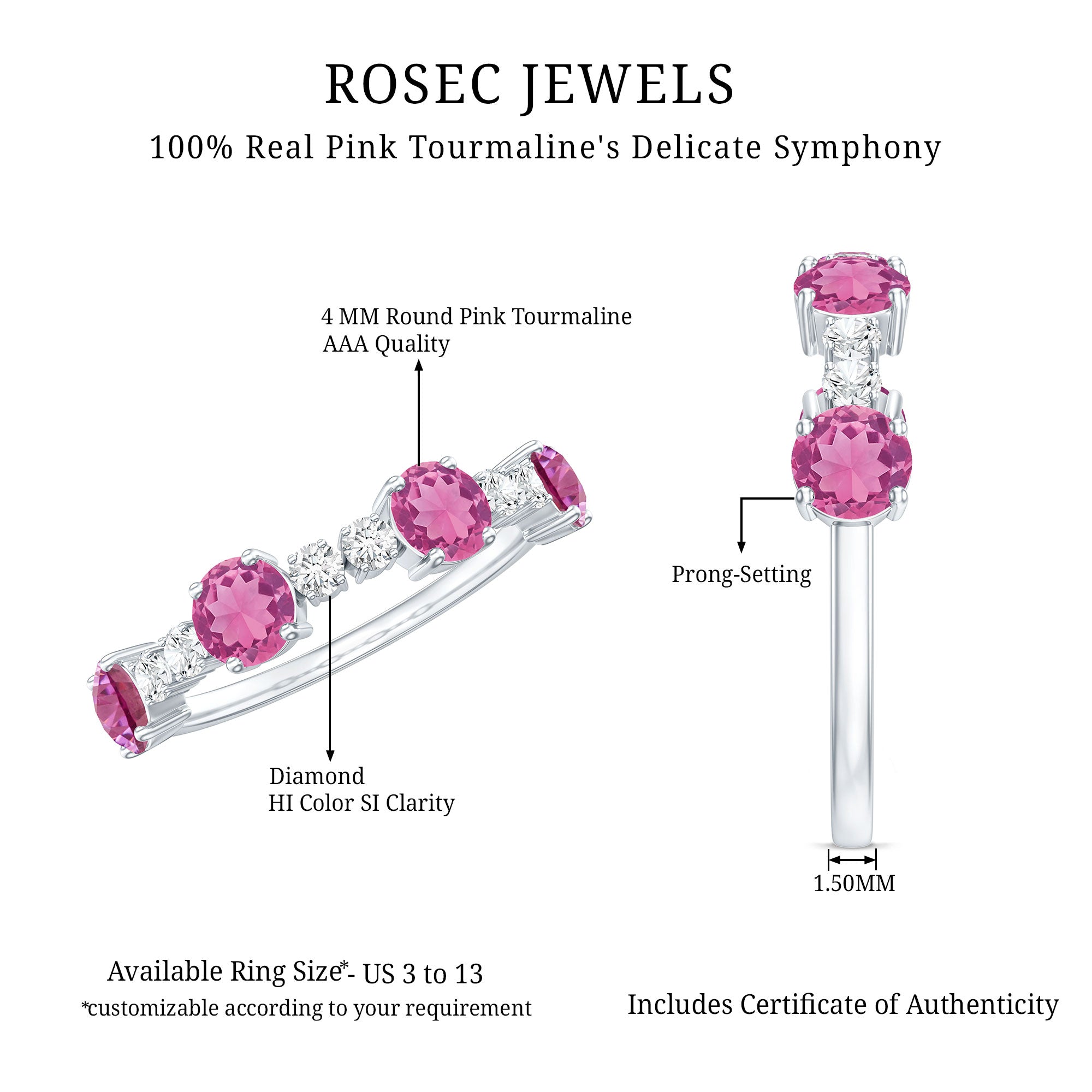 Alternate Semi Eternity Ring with Pink Tourmaline and Diamond AAA - Rosec Jewels
