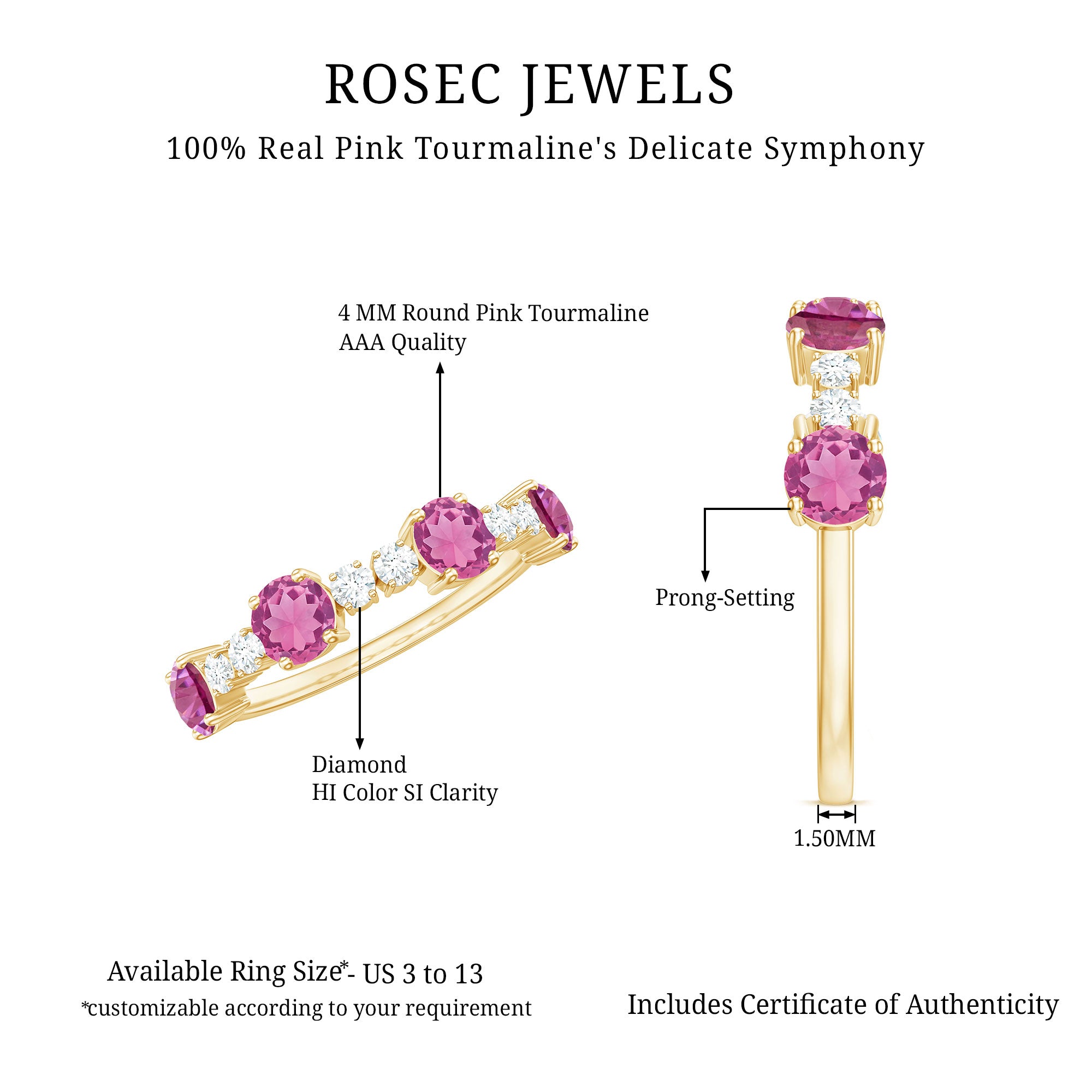 Alternate Semi Eternity Ring with Pink Tourmaline and Diamond AAA - Rosec Jewels