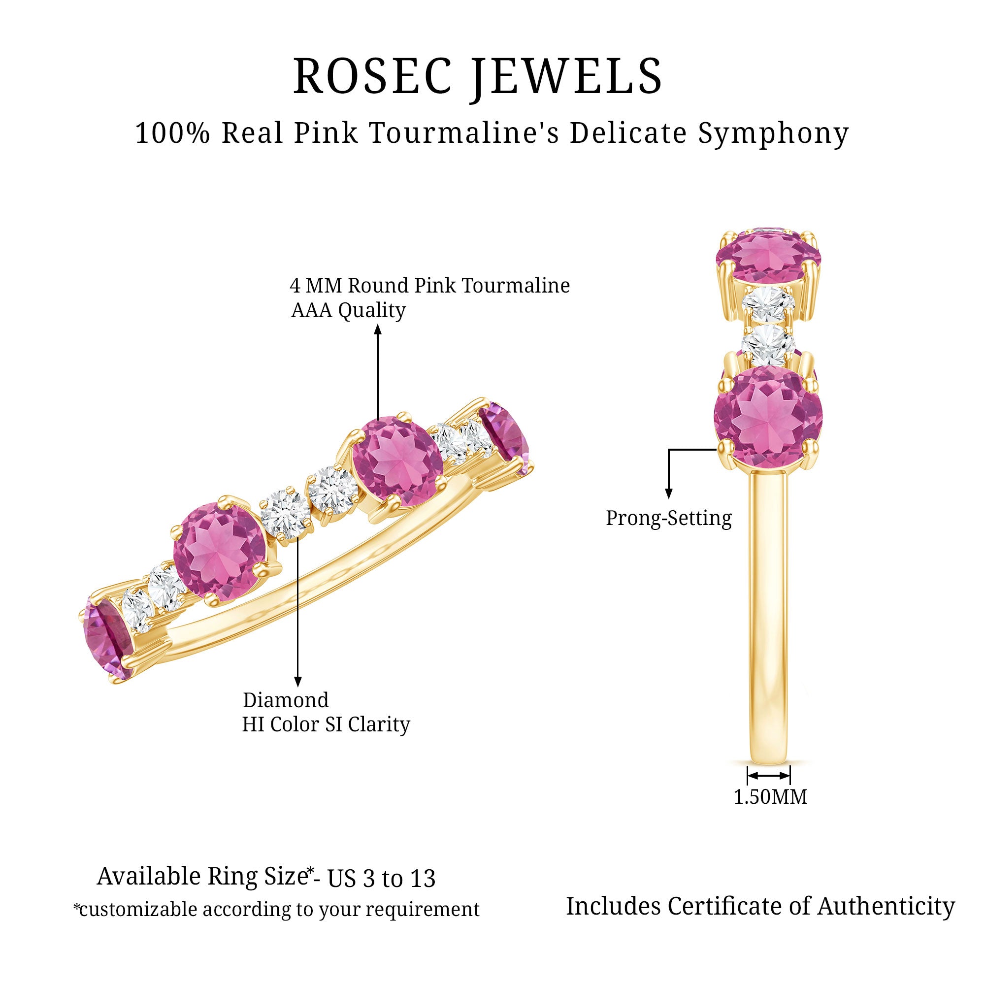 Alternate Semi Eternity Ring with Pink Tourmaline and Diamond AAA - Rosec Jewels
