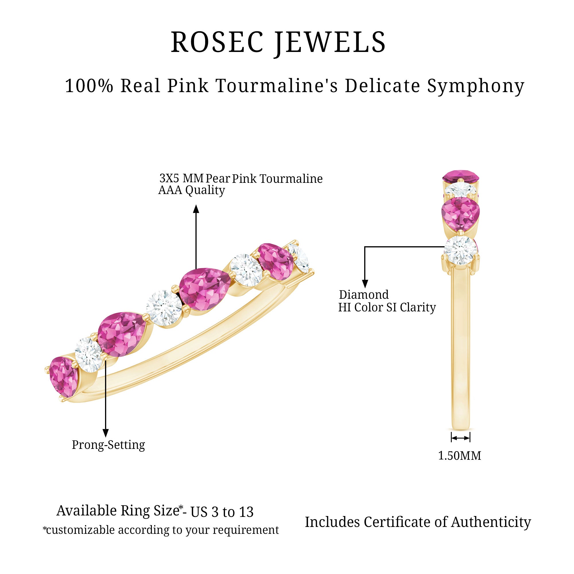 Natural Pink Tourmaline and Diamond Wedding Band For Her AAA - Rosec Jewels