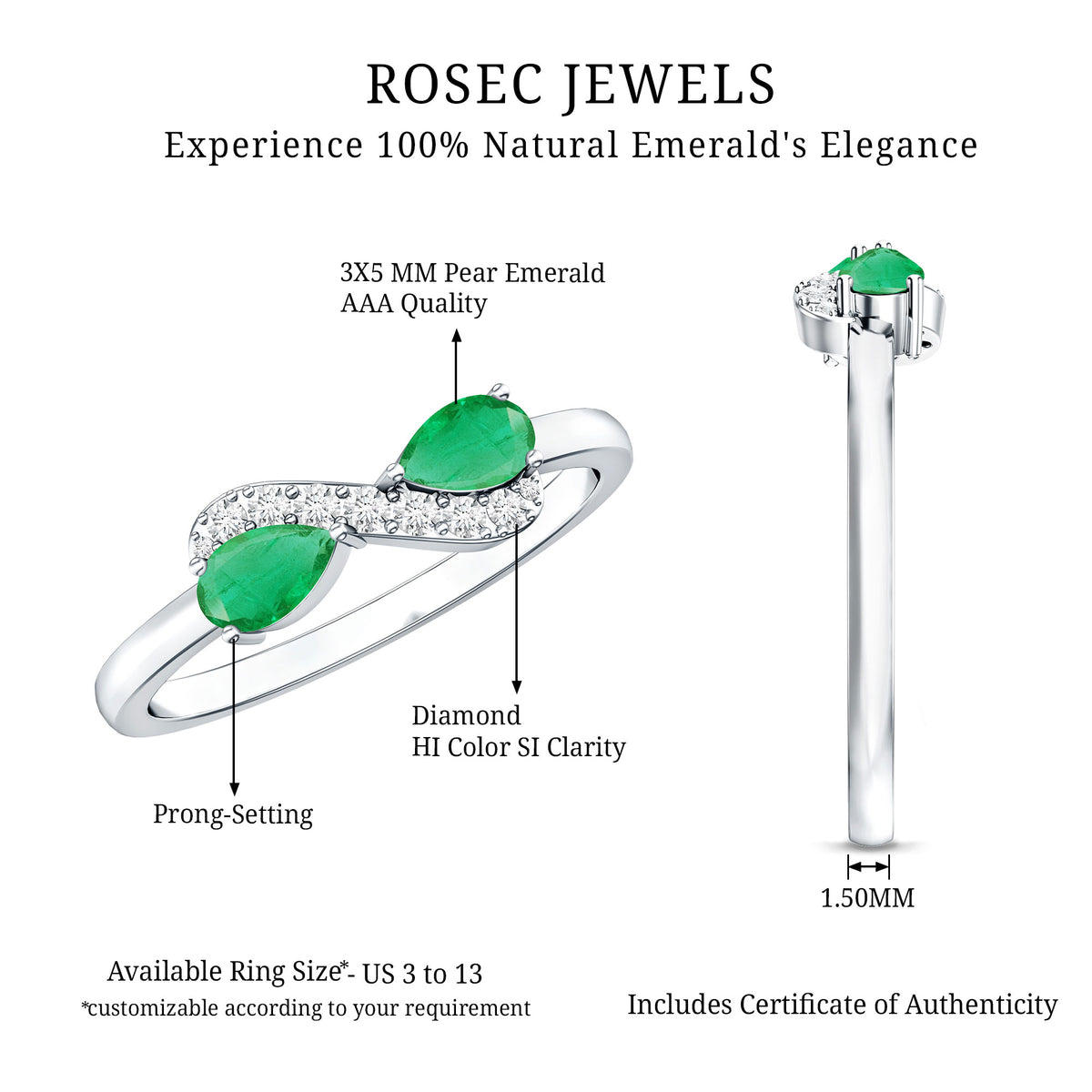 Natural Pear Emerald and Diamond Infinity Promise Ring AAA - Rosec Jewels
