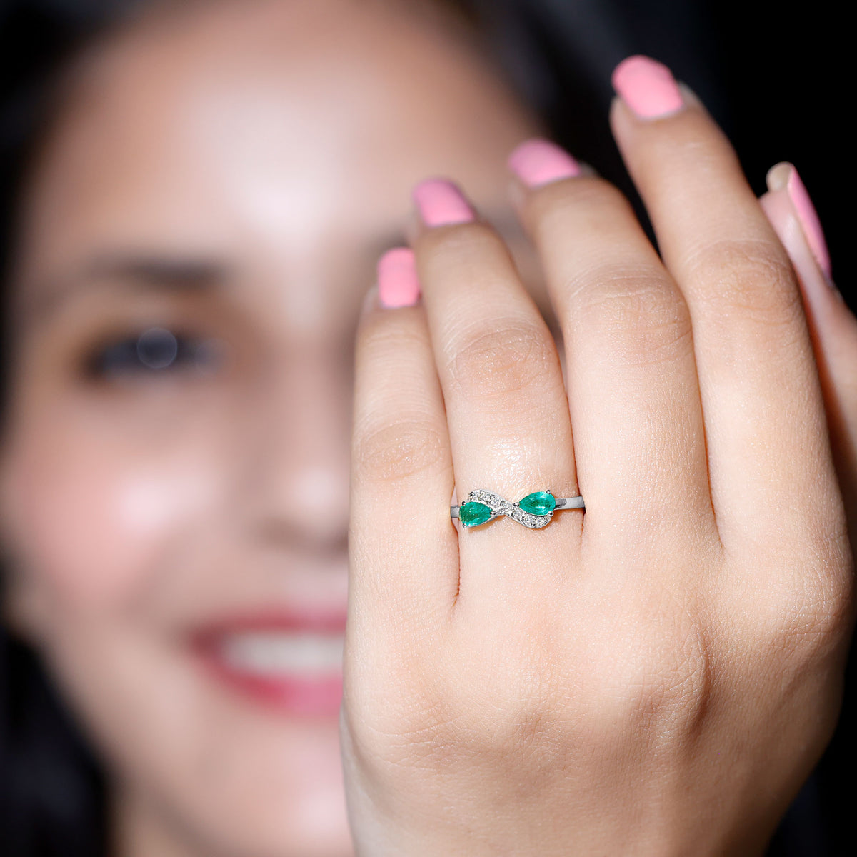 Natural Pear Emerald and Diamond Infinity Promise Ring AAA - Rosec Jewels