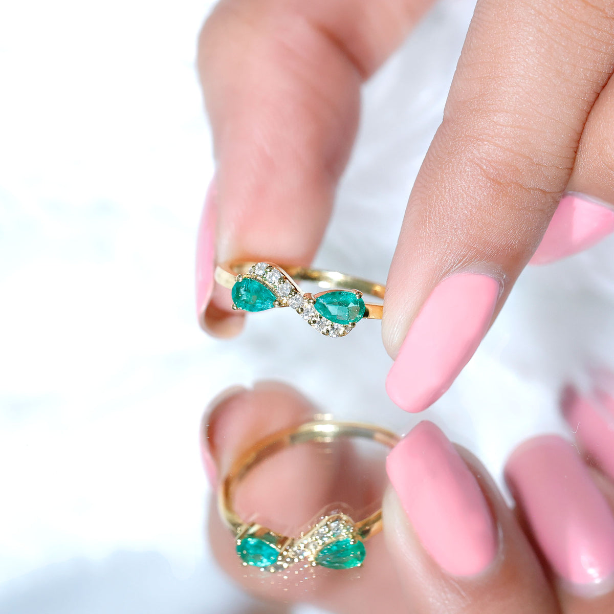 Natural Pear Emerald and Diamond Infinity Promise Ring AAA - Rosec Jewels