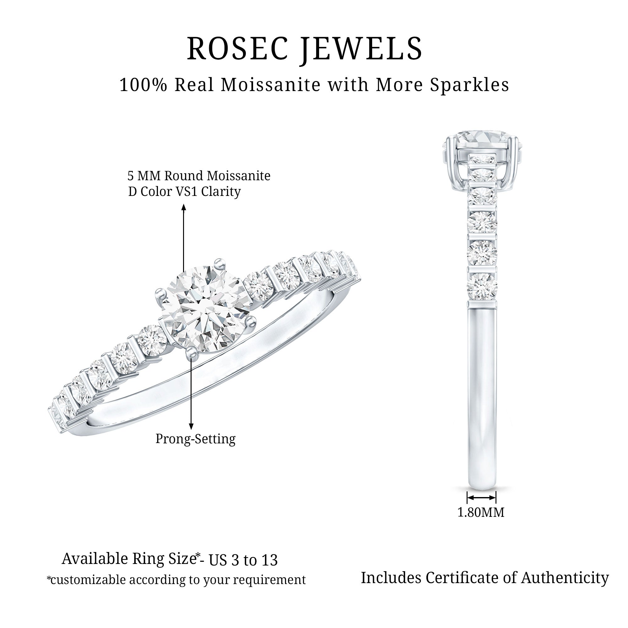 Round Brilliant Cut Moissanite Proposal Ring D-VS1 - Rosec Jewels