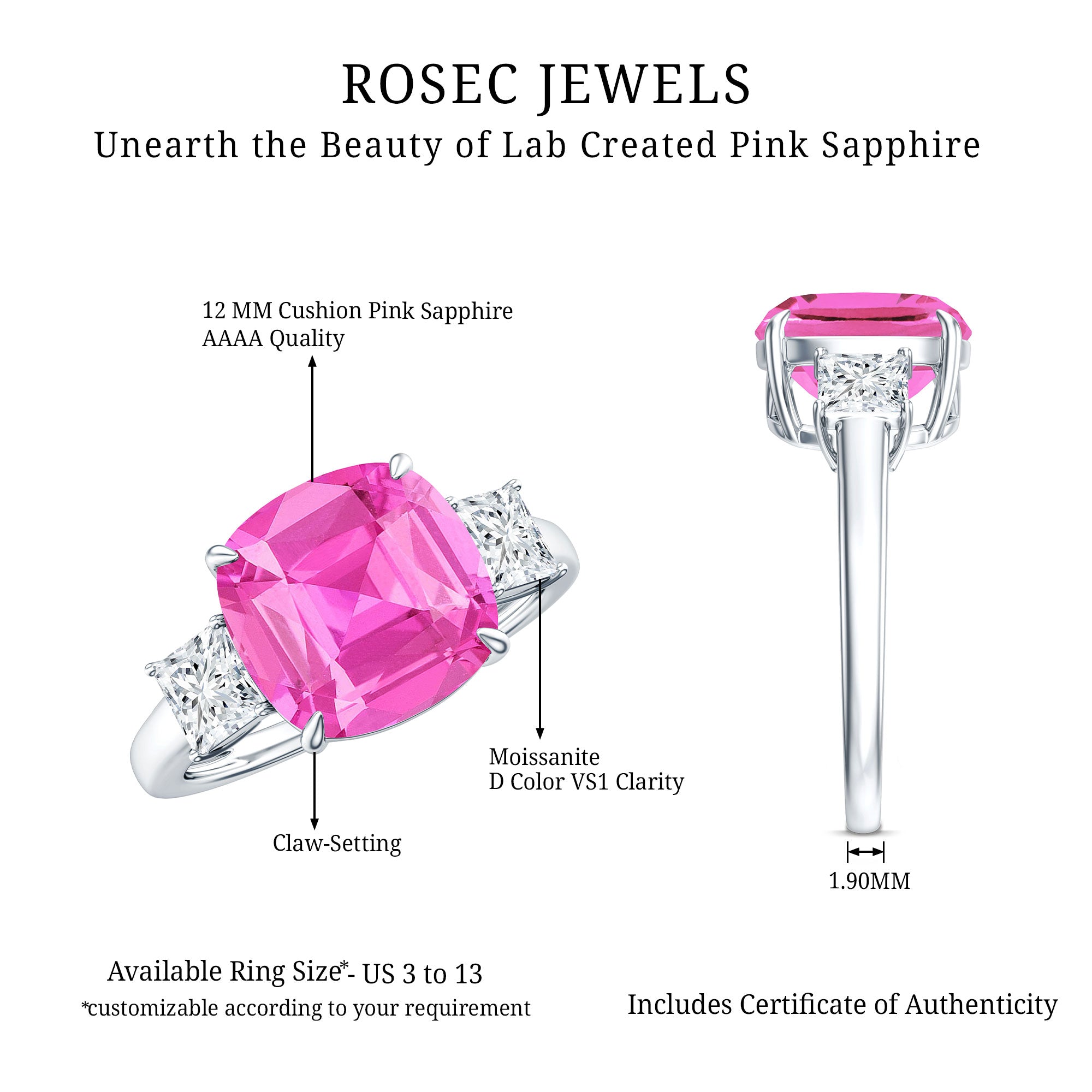 Lab Created Pink Sapphire Statement Engagement Ring with Moissanite AAAA - Rosec Jewels
