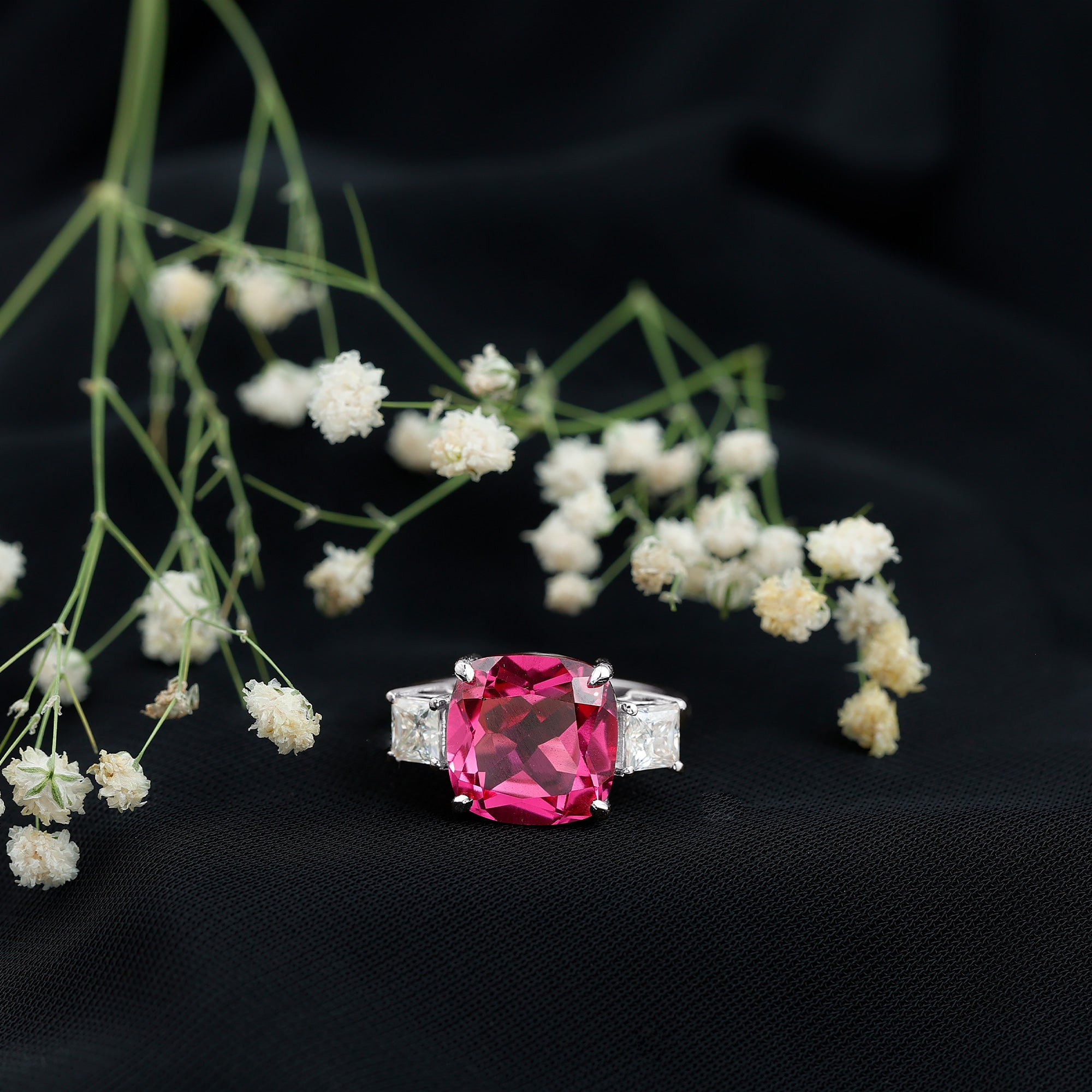 Lab Created Pink Sapphire Statement Engagement Ring with Moissanite AAAA - Rosec Jewels