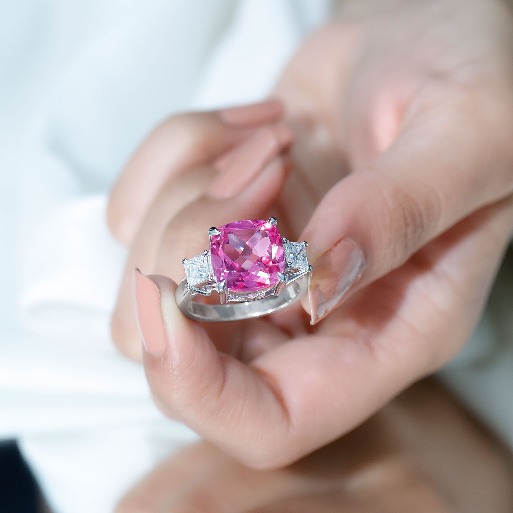 Lab Created Pink Sapphire Statement Engagement Ring with Moissanite AAAA - Rosec Jewels