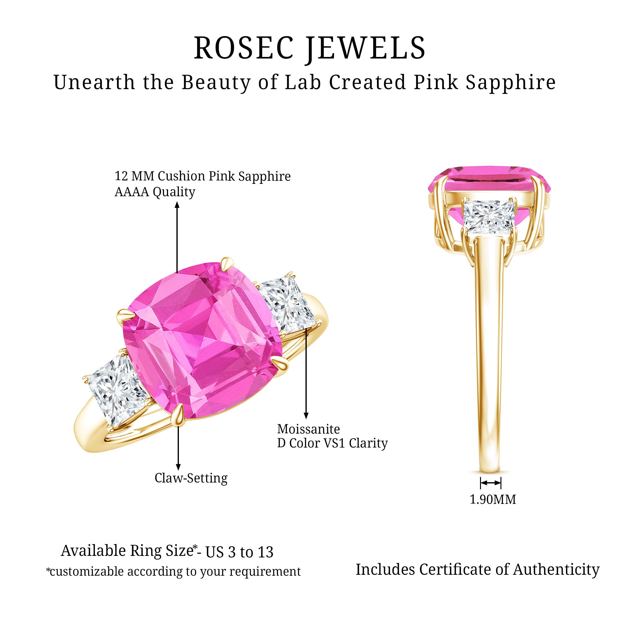 Lab Created Pink Sapphire Statement Engagement Ring with Moissanite AAAA - Rosec Jewels
