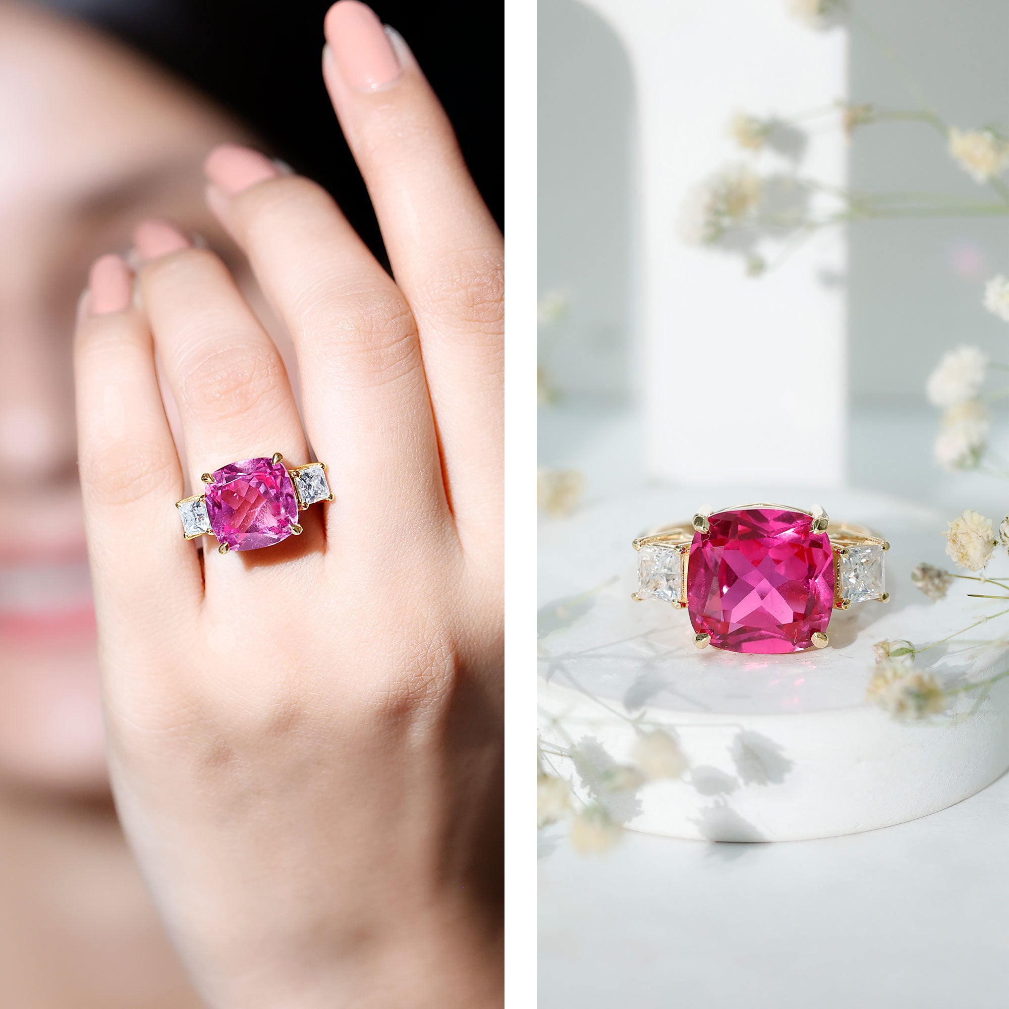 Lab Created Pink Sapphire Statement Engagement Ring with Moissanite AAAA - Rosec Jewels