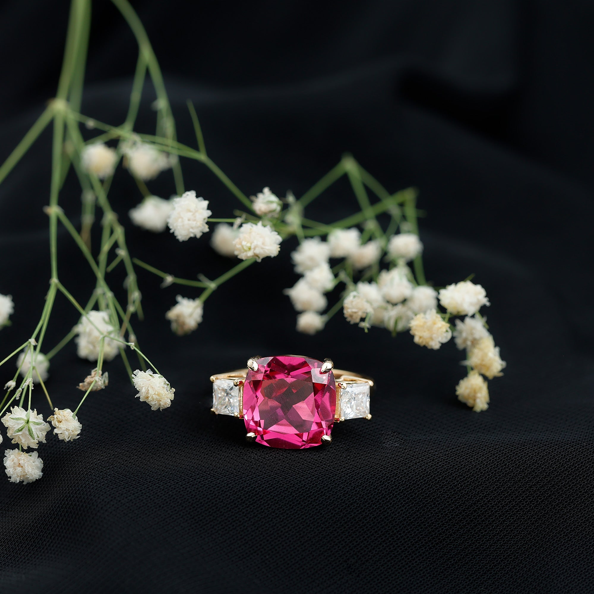 Lab Created Pink Sapphire Statement Engagement Ring with Moissanite AAAA - Rosec Jewels