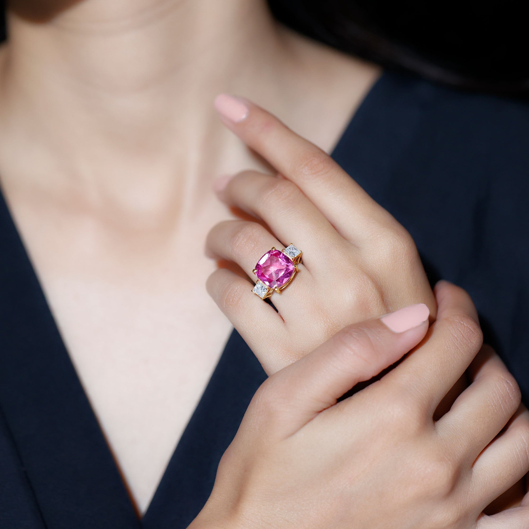 Lab Created Pink Sapphire Statement Engagement Ring with Moissanite AAAA - Rosec Jewels