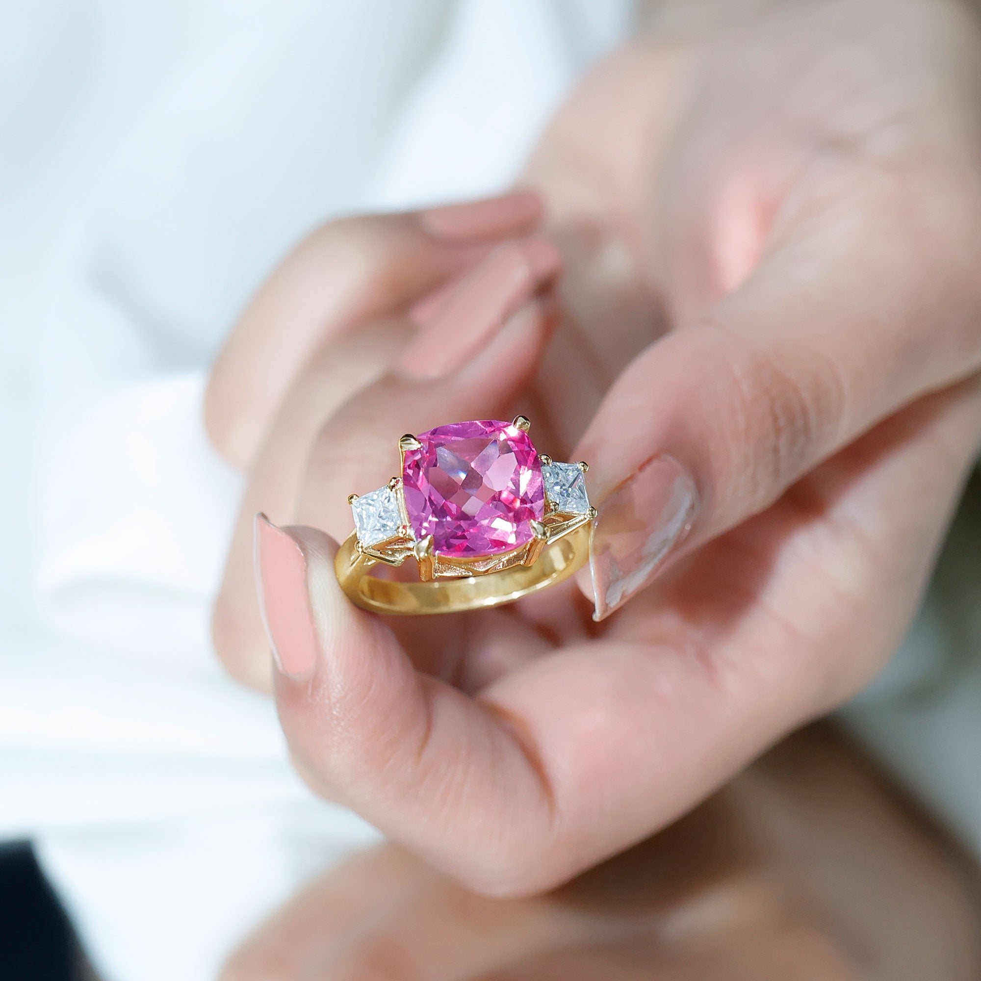 Lab Created Pink Sapphire Statement Engagement Ring with Moissanite AAAA - Rosec Jewels