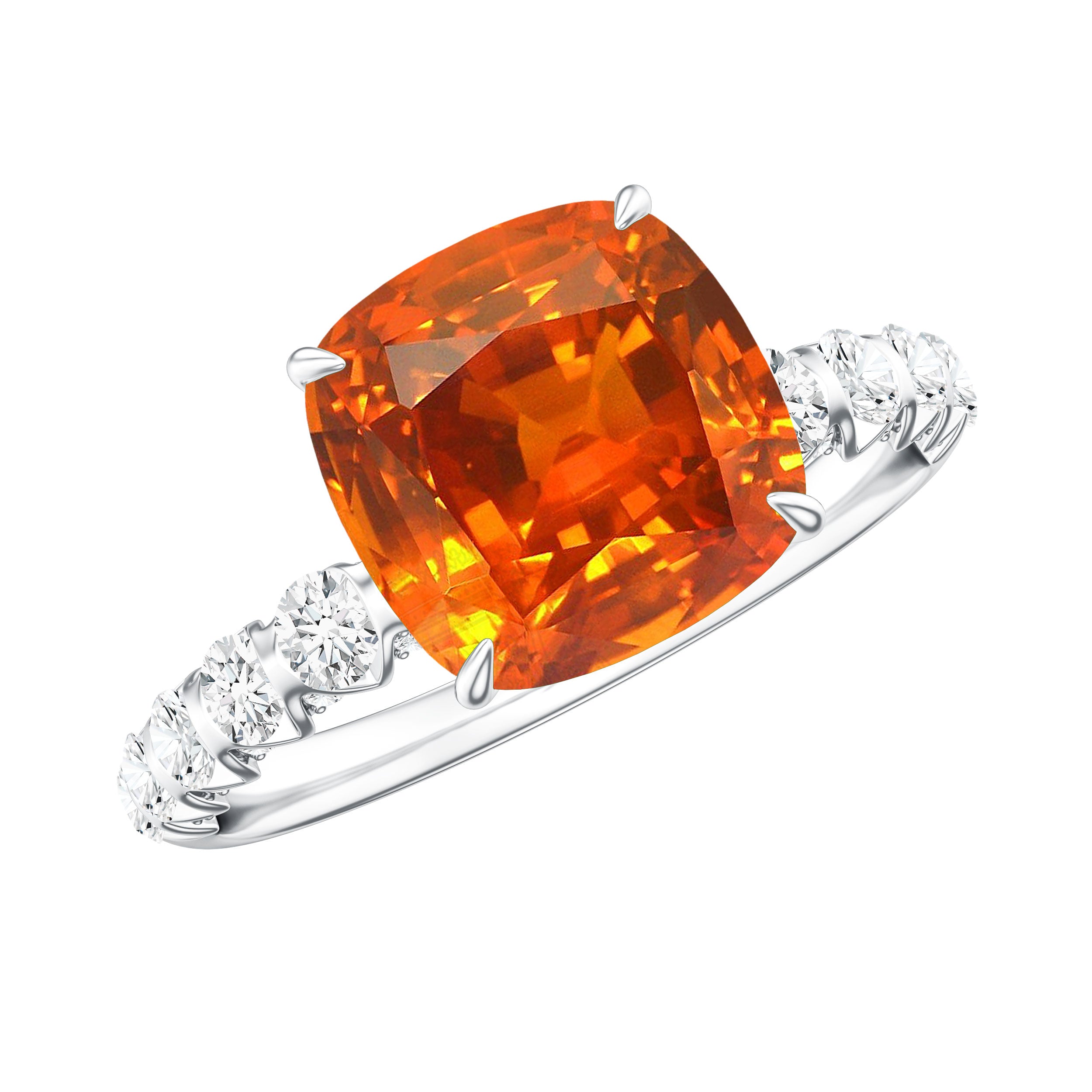 2.75 Carat Lab Grown Orange Sapphire Cushion Cut Engagement Ring with Diamond AAAA - Rosec Jewels