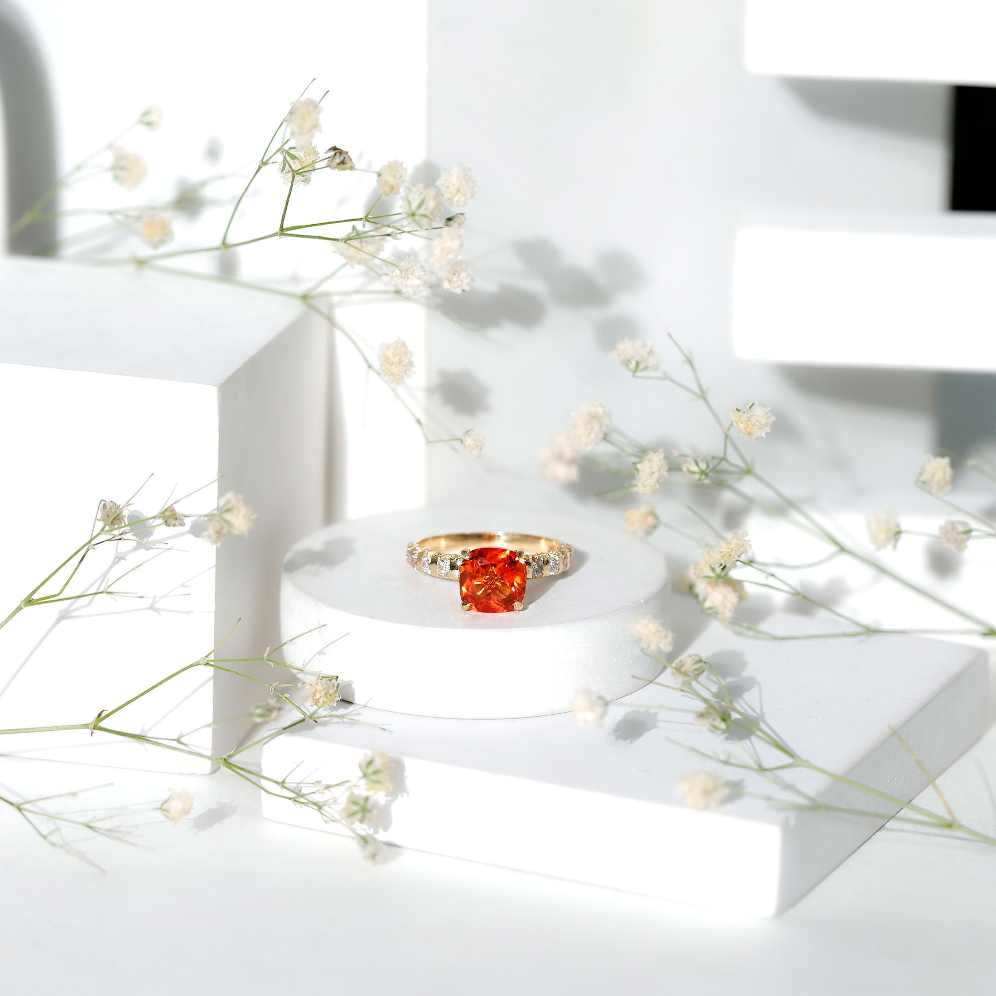 2.75 Carat Lab Grown Orange Sapphire Cushion Cut Engagement Ring with Diamond AAAA - Rosec Jewels