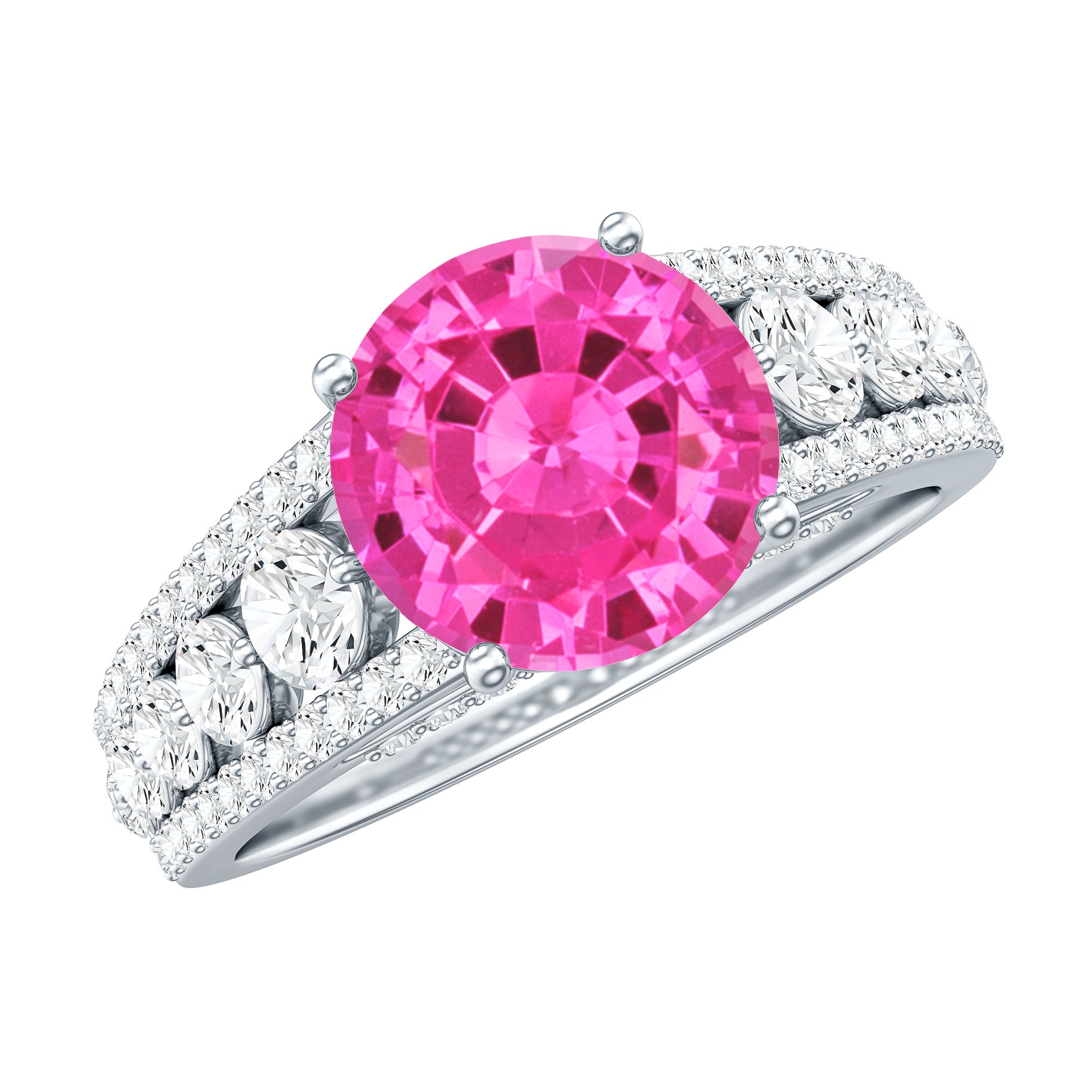 Created Pink Sapphire Engagement Ring with Moissanite Side Stones AAAA - Rosec Jewels