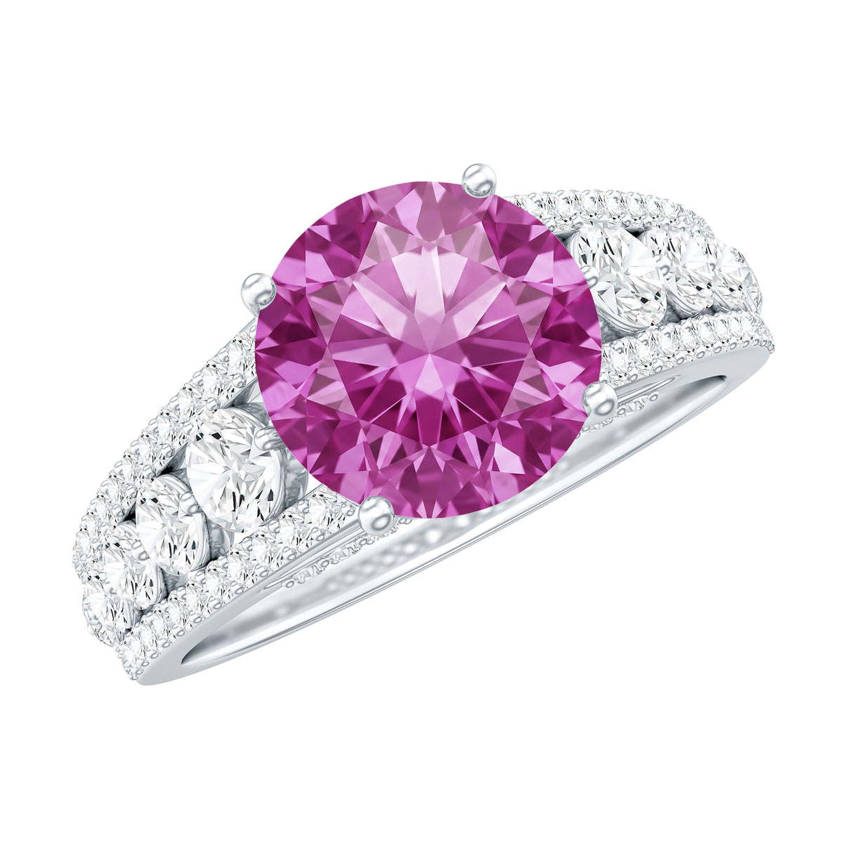 Created Pink Sapphire Engagement Ring with Moissanite Side Stones AAAA - Rosec Jewels