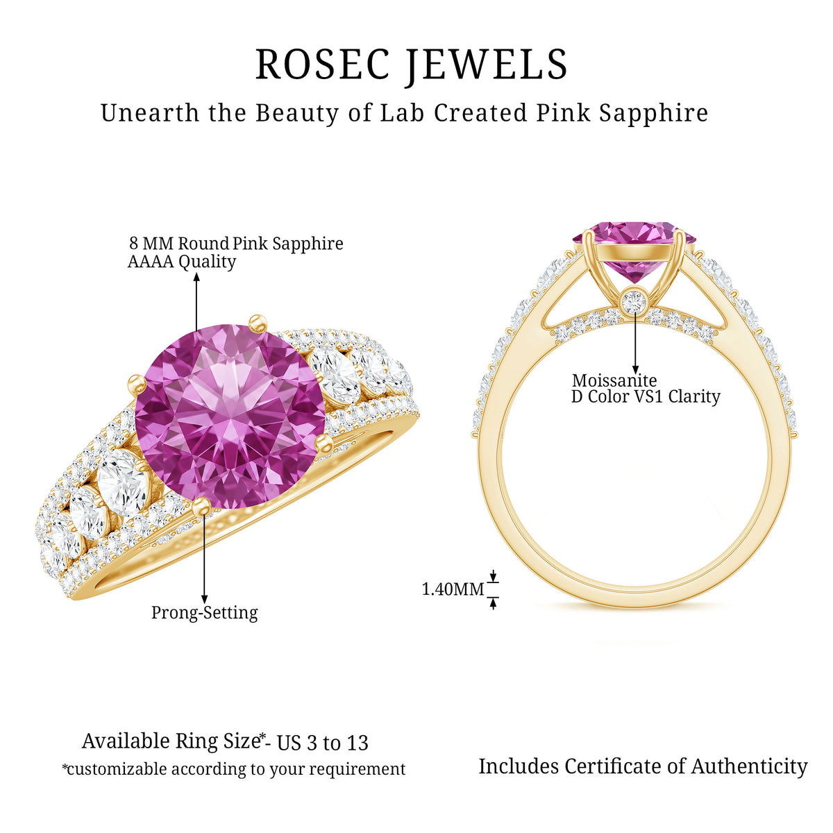 Created Pink Sapphire Engagement Ring with Moissanite Side Stones AAAA - Rosec Jewels