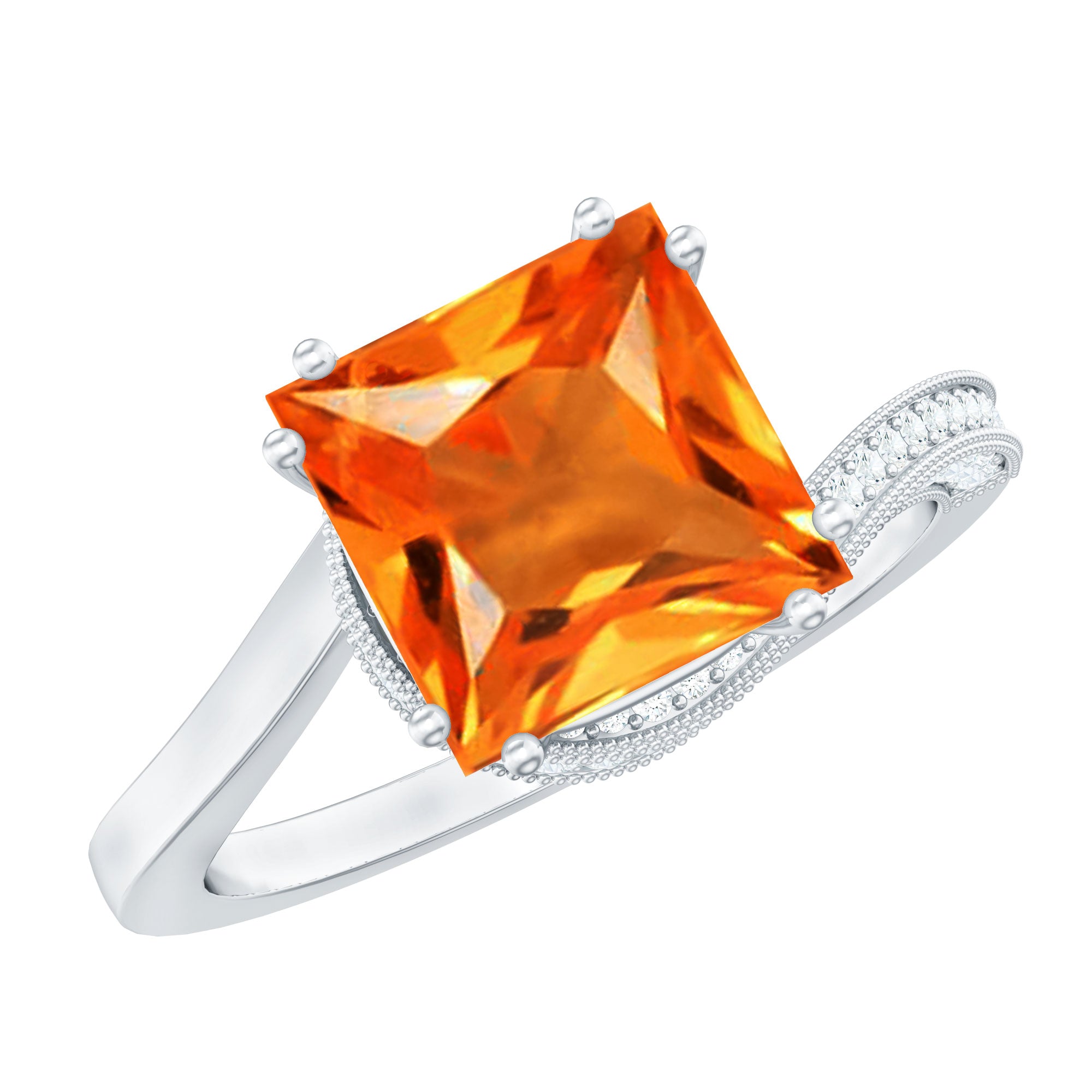 2.75 Carat Princess Cut Lab Grown Orange Sapphire Engagement Ring with Diamond Bypass Shank
