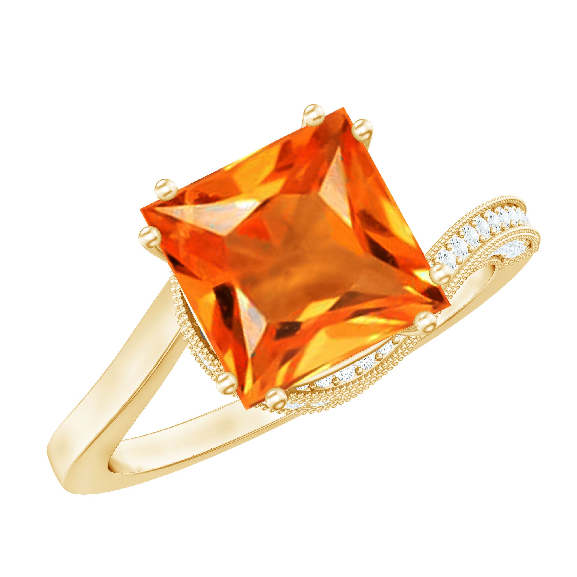 2.75 Carat Princess Cut Lab Grown Orange Sapphire Engagement Ring with Diamond Bypass Shank AAAA - Rosec Jewels