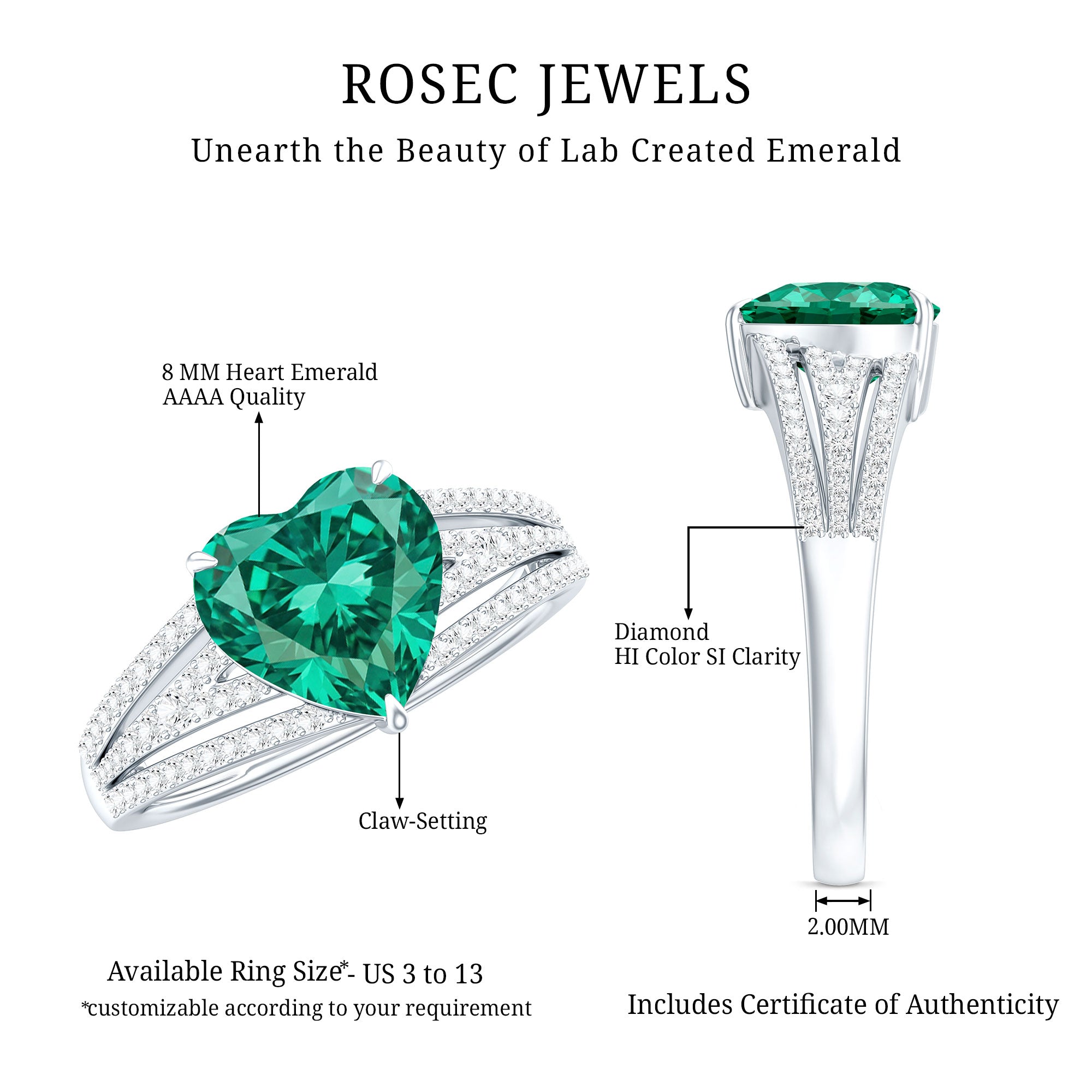 Designer 8 mm Lab Grown Emerald Heart Engagement Ring With Diamonds AAAA - Rosec Jewels