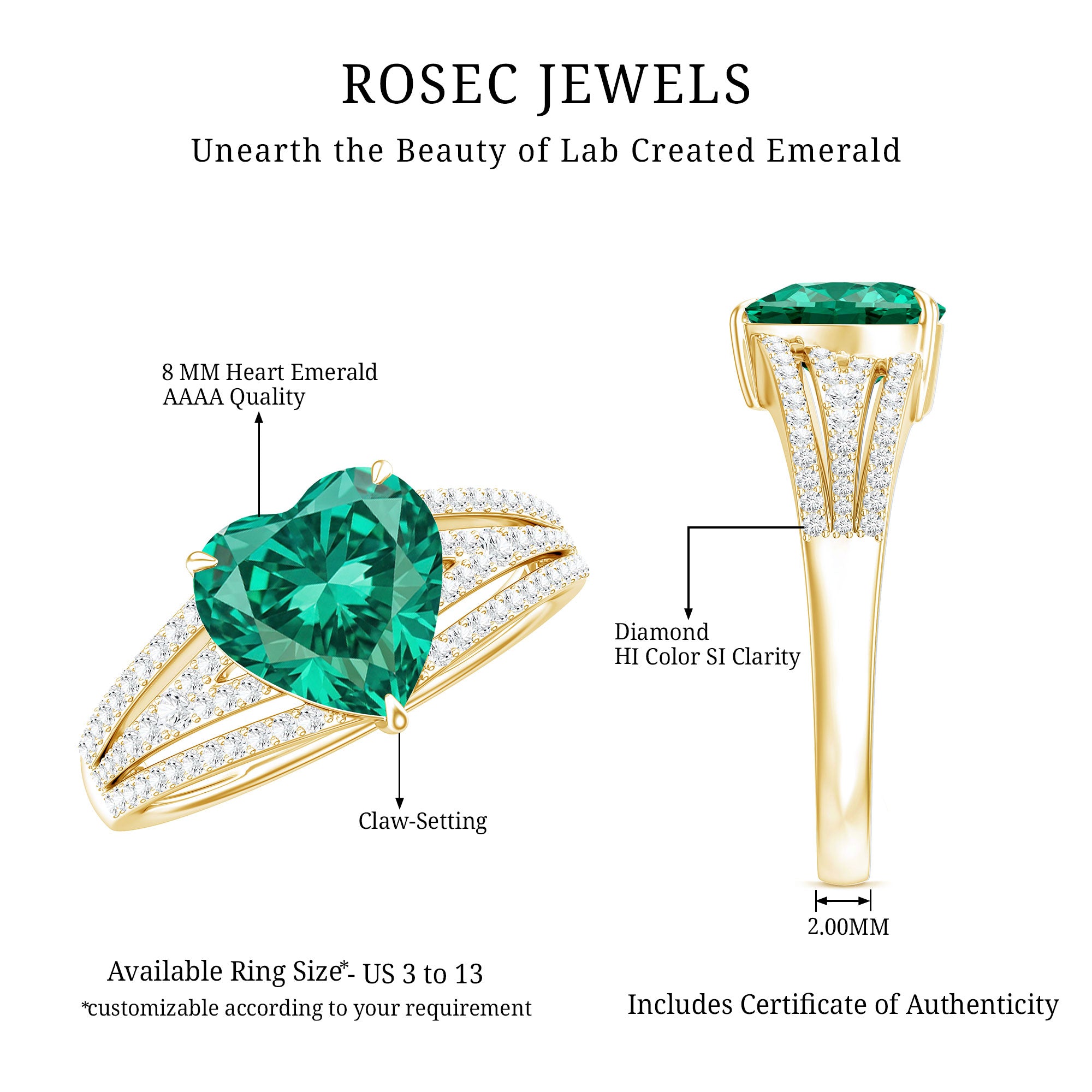Designer 8 mm Lab Grown Emerald Heart Engagement Ring With Diamonds AAAA - Rosec Jewels
