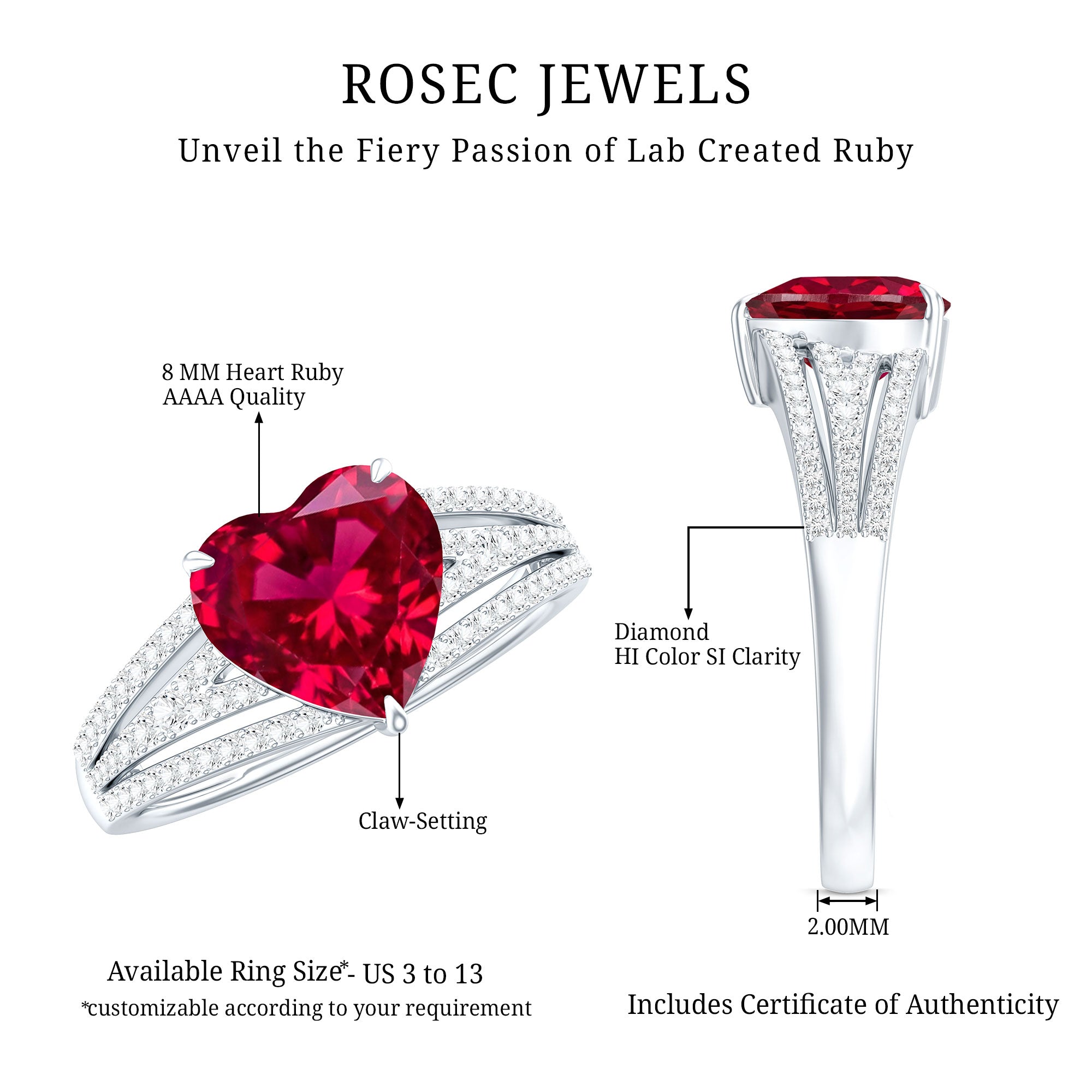 Heart Shape Created Ruby Engagement Ring with Diamond AAAA - Rosec Jewels