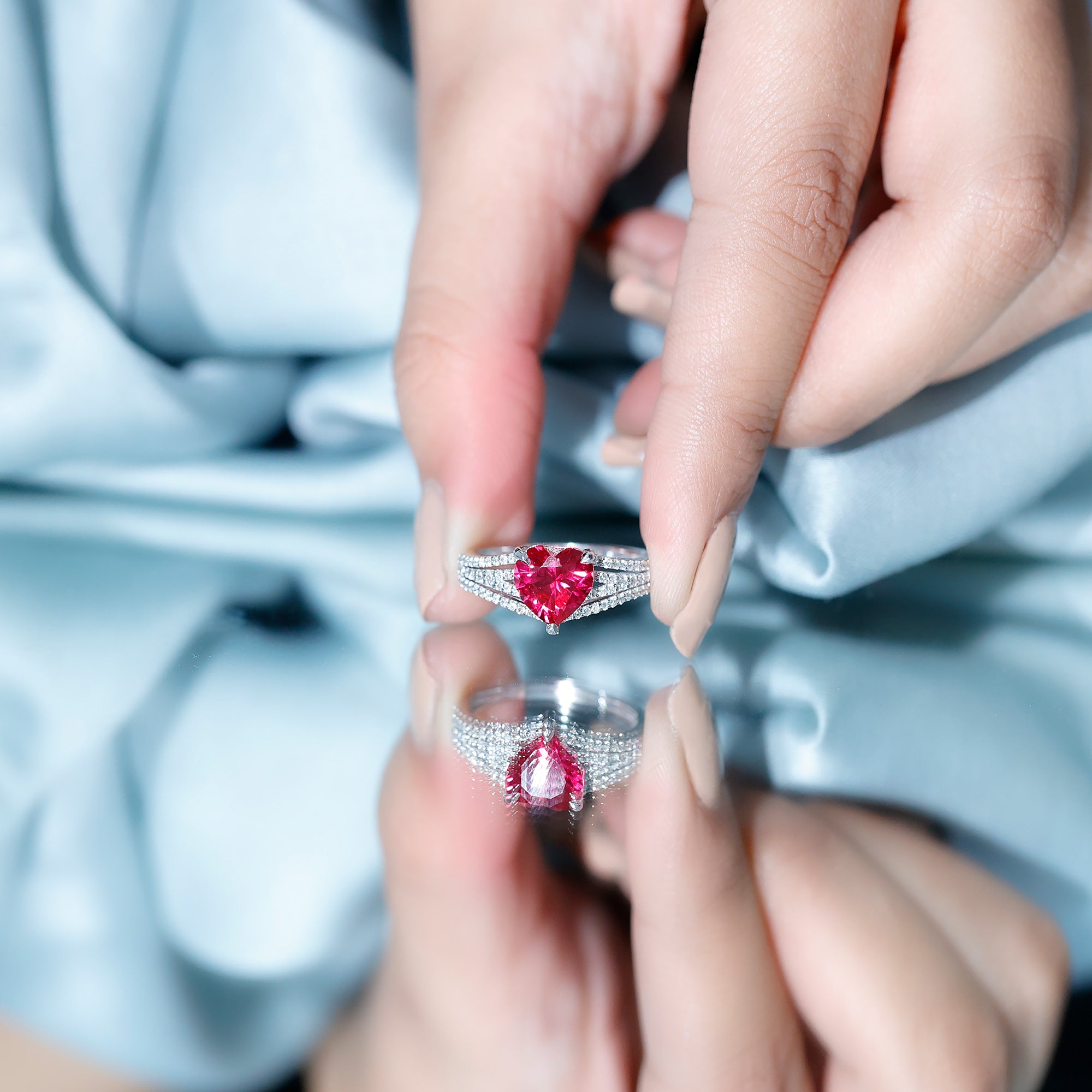 Heart Shape Created Ruby Engagement Ring with Diamond AAAA - Rosec Jewels