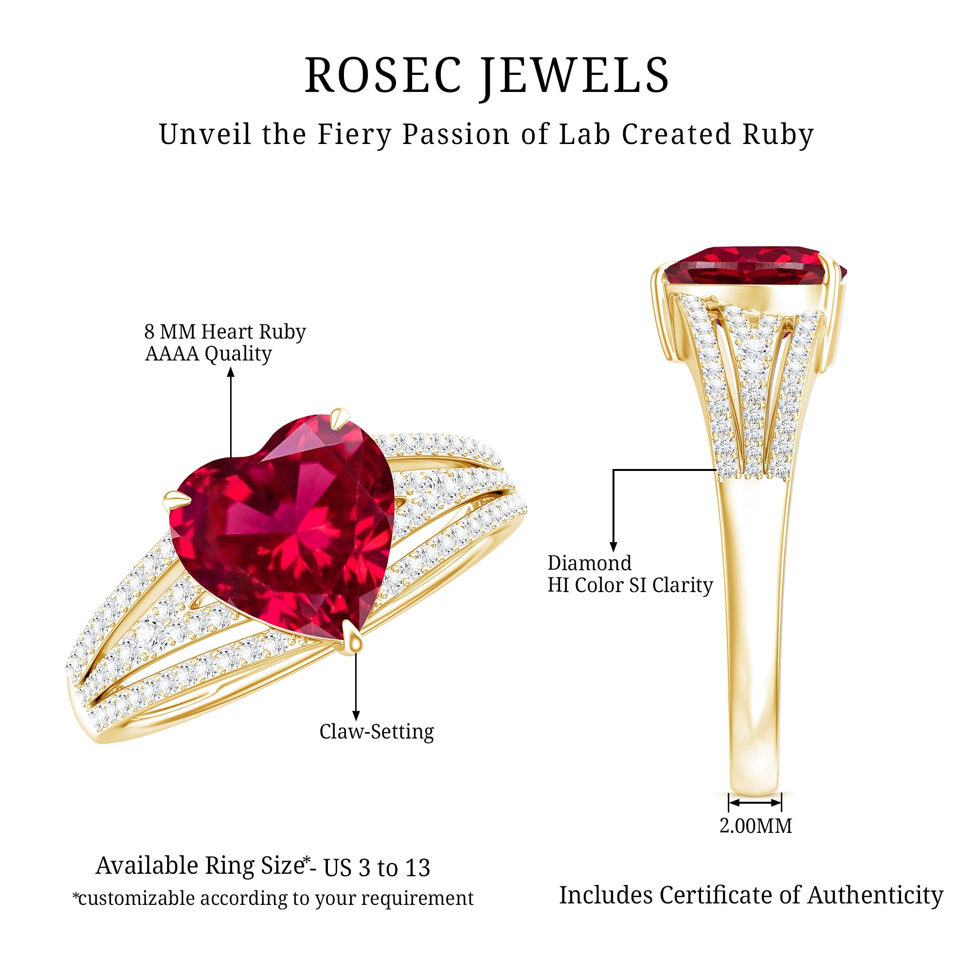 Heart Shape Created Ruby Engagement Ring with Diamond AAAA - Rosec Jewels