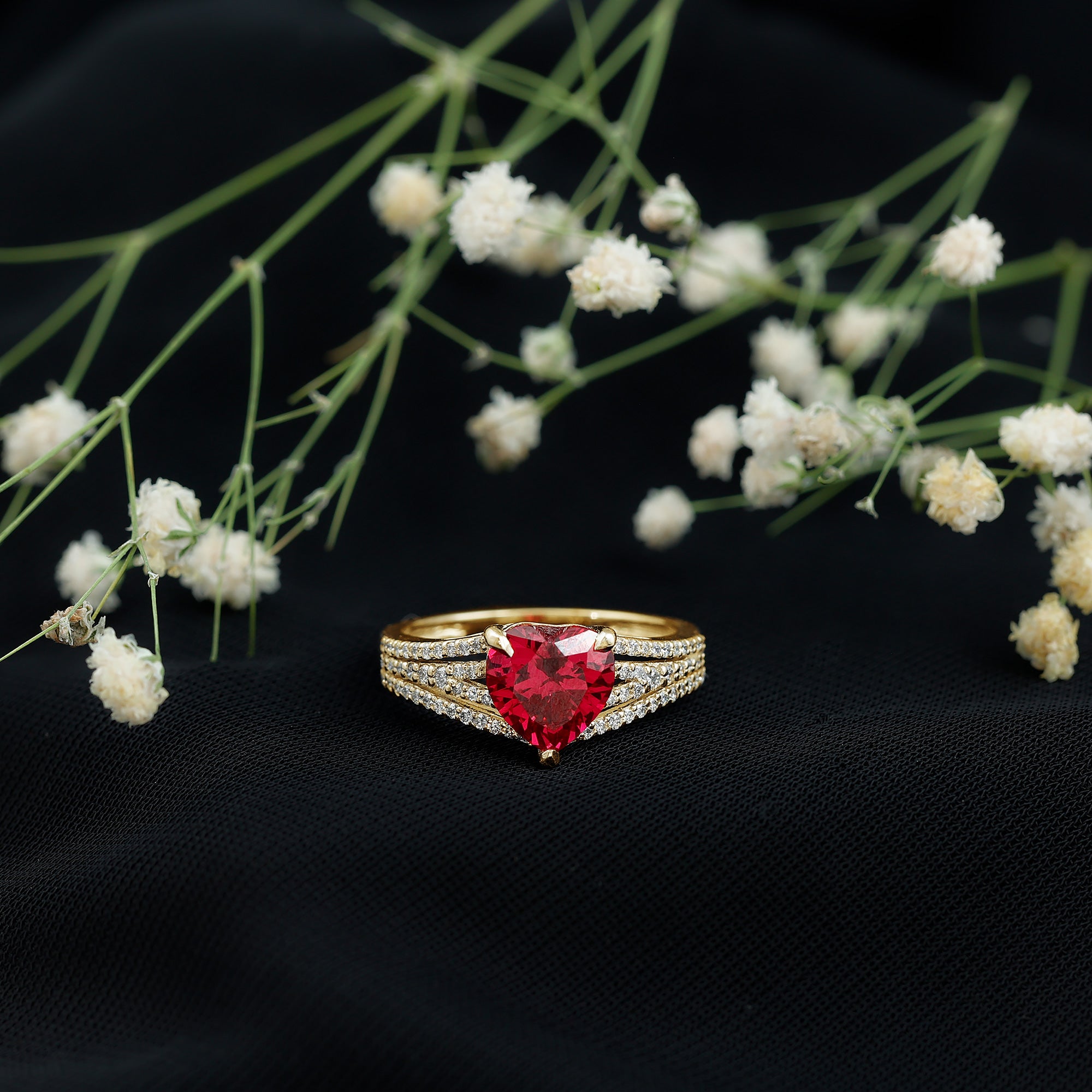 Heart Shape Created Ruby Engagement Ring with Diamond AAAA - Rosec Jewels