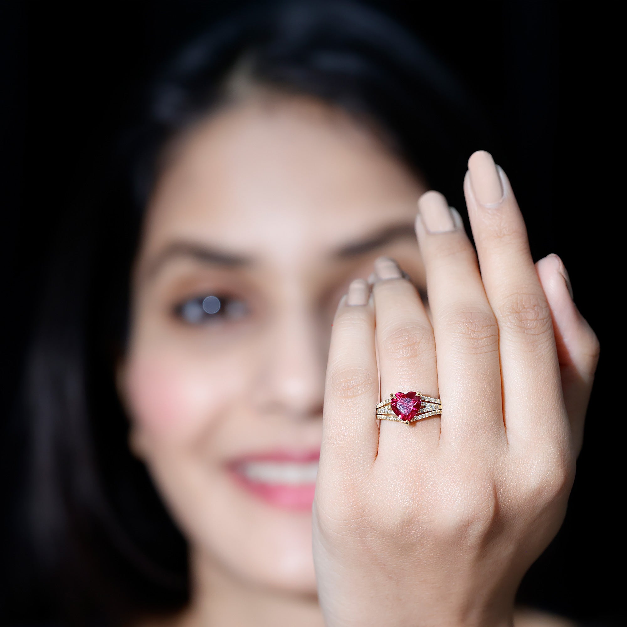 Heart Shape Created Ruby Engagement Ring with Diamond AAAA - Rosec Jewels
