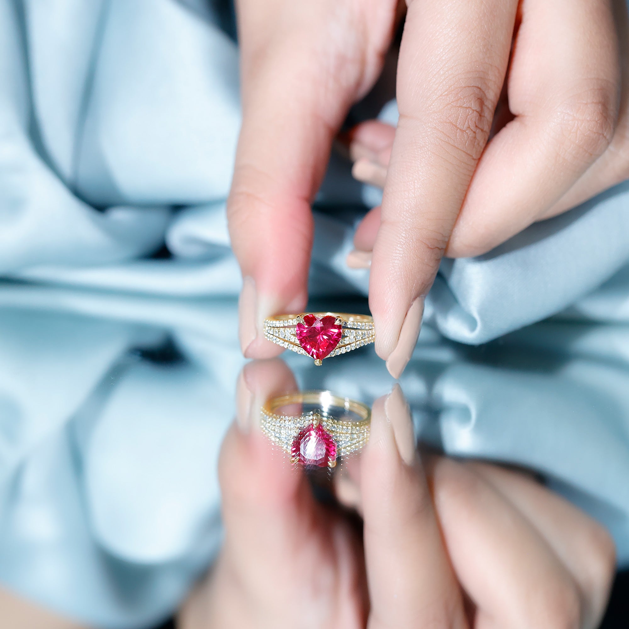 Heart Shape Created Ruby Engagement Ring with Diamond AAAA - Rosec Jewels