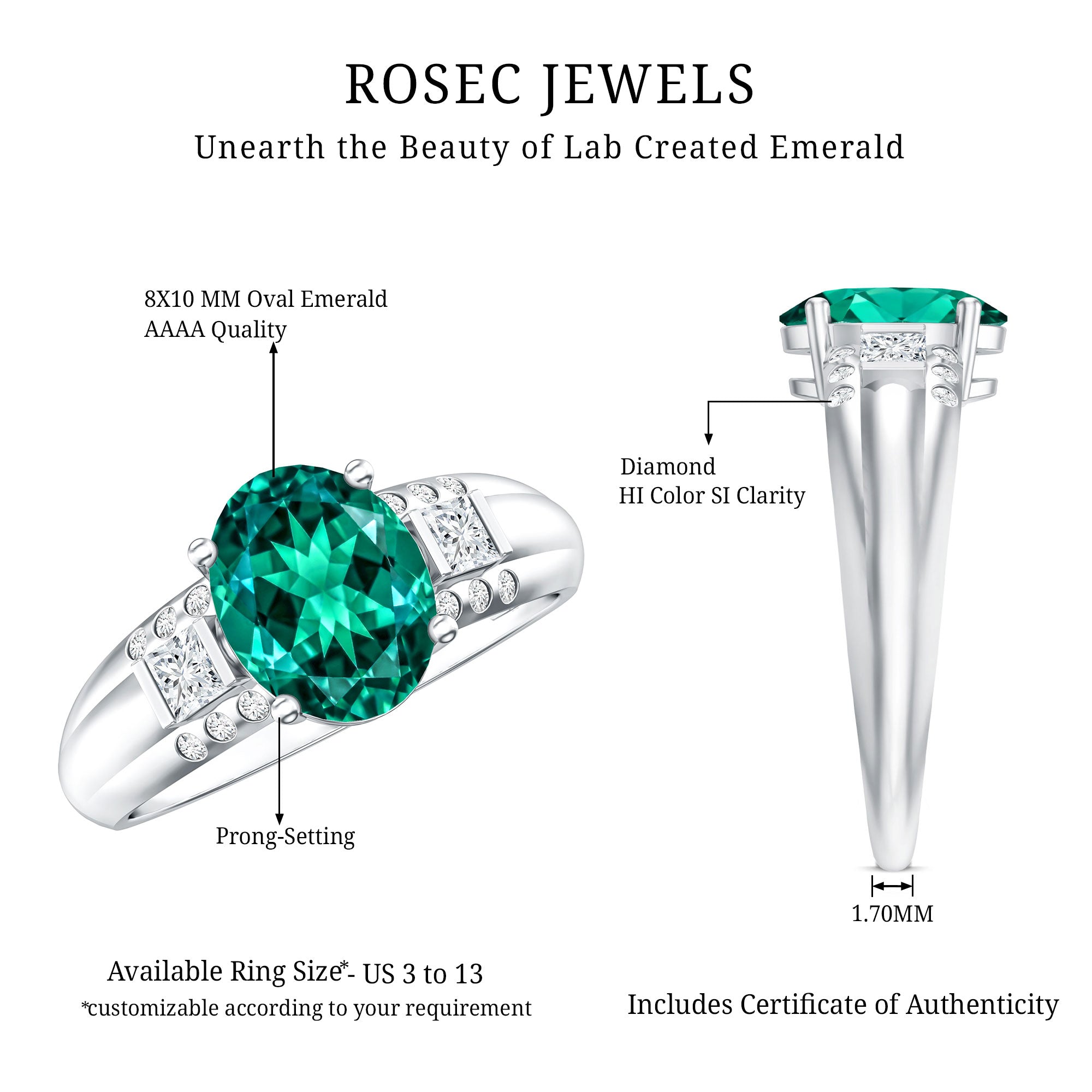 3 Carat Lab Grown Emerald Oval Engagement Ring with Diamond AAAA - Rosec Jewels