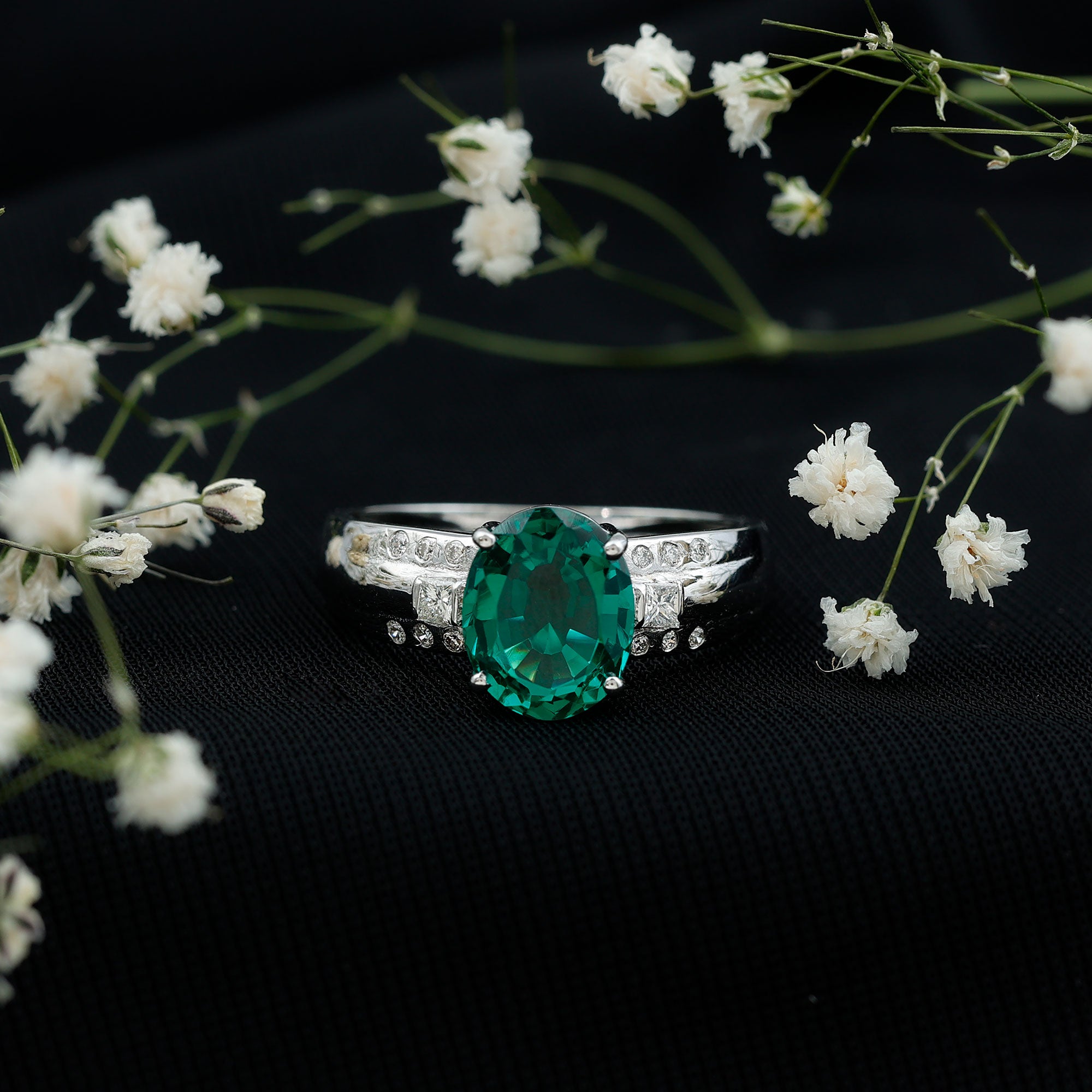 3 Carat Lab Grown Emerald Oval Engagement Ring with Diamond AAAA - Rosec Jewels