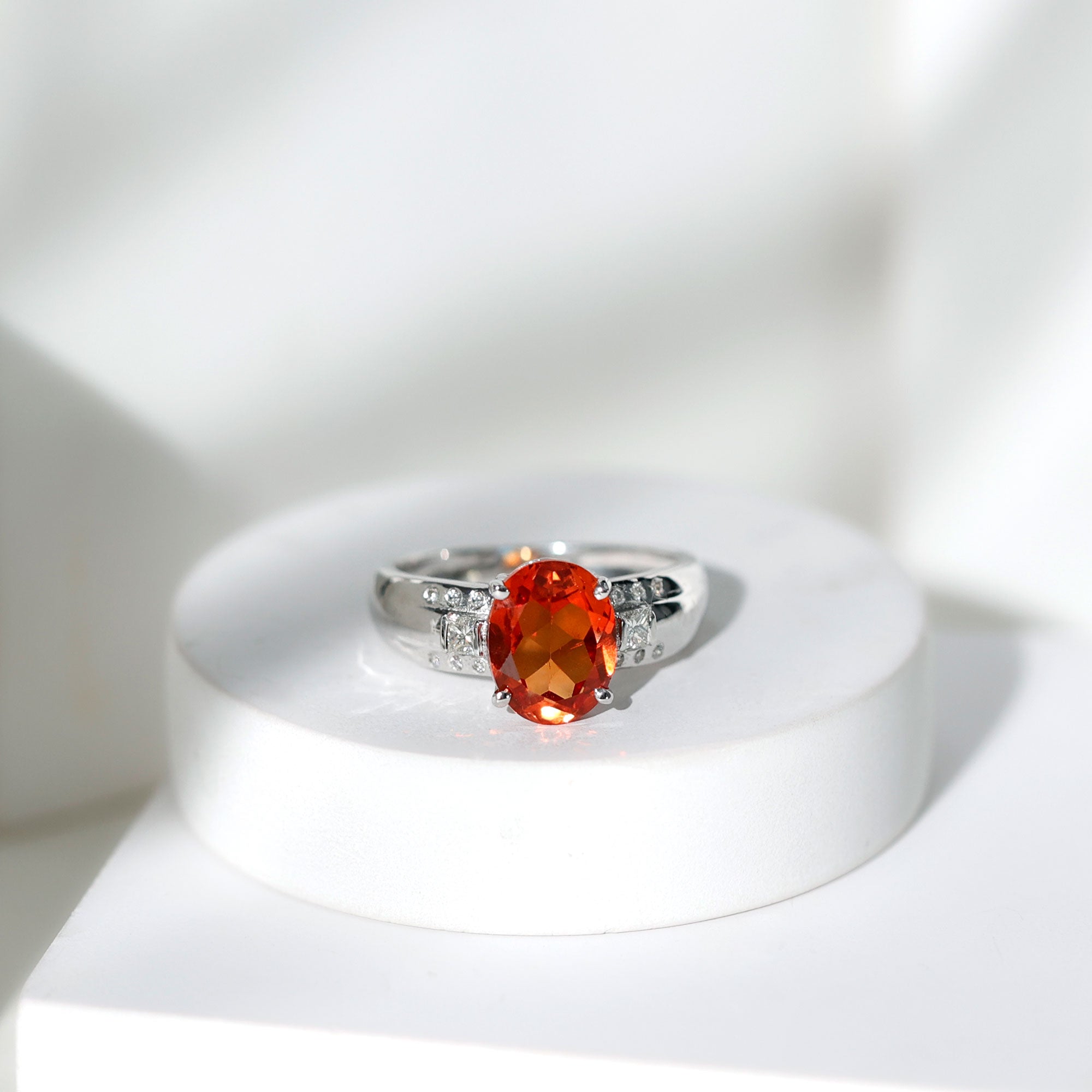 4 Carat Oval Lab Grown Orange Sapphire Statement Engagement Ring with Diamond AAAA - Rosec Jewels