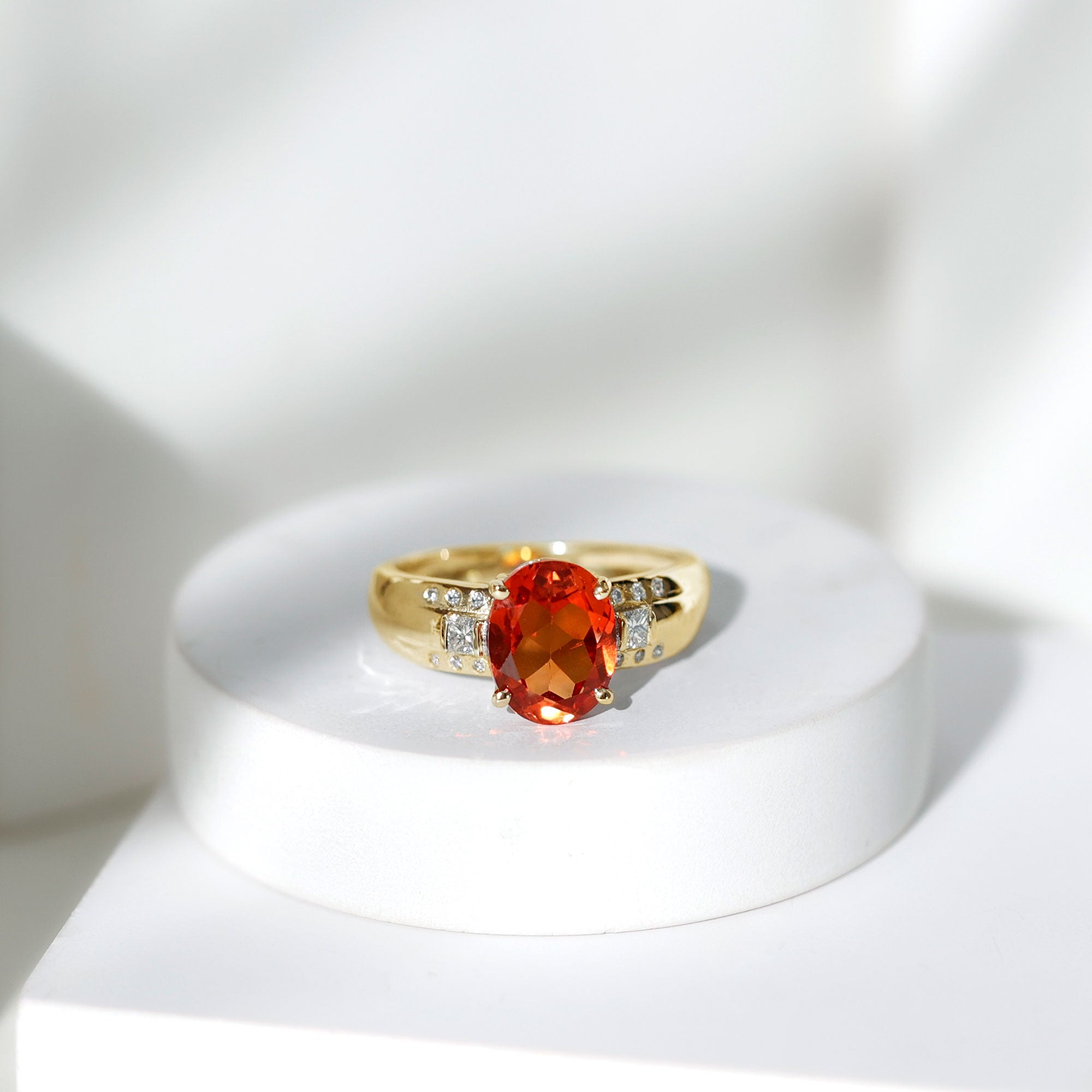 4 Carat Oval Lab Grown Orange Sapphire Statement Engagement Ring with Diamond AAAA - Rosec Jewels