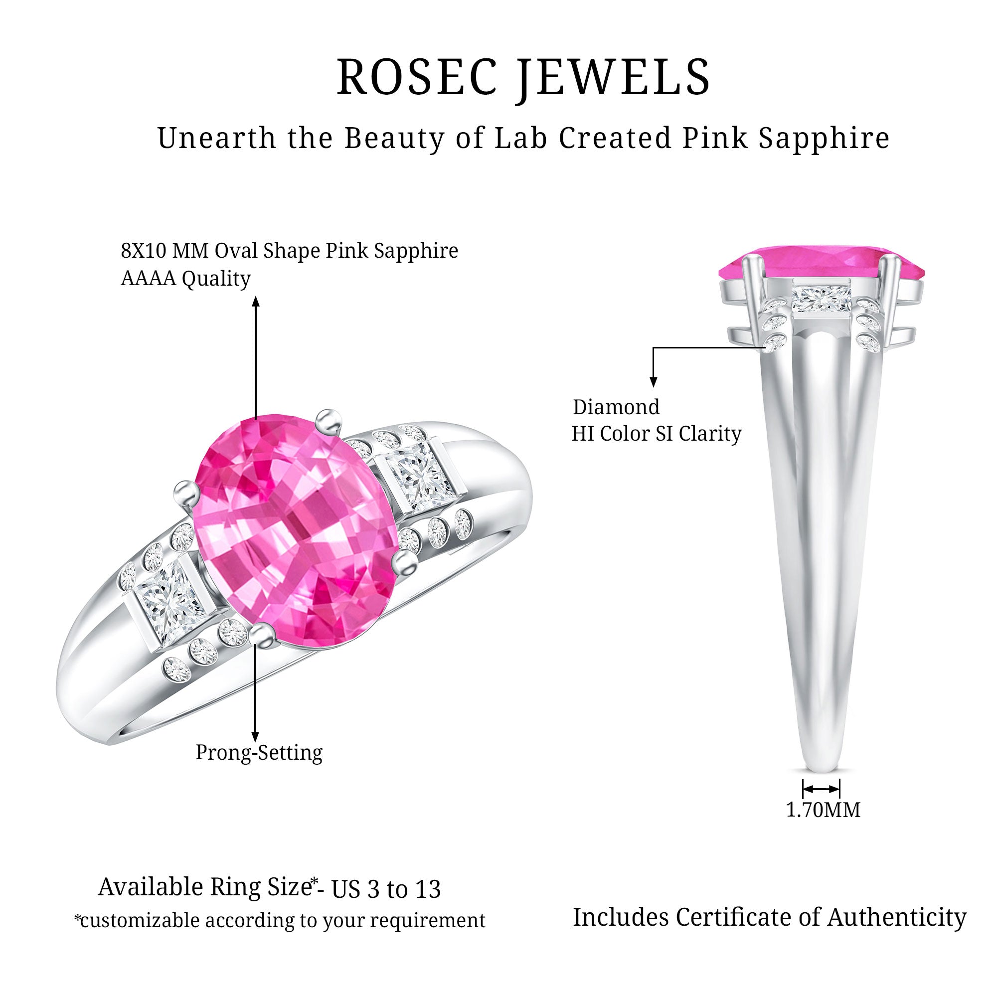 Lab Grown Pink Sapphire Oval Solitaire Engagement Ring with Diamond AAAA - Rosec Jewels