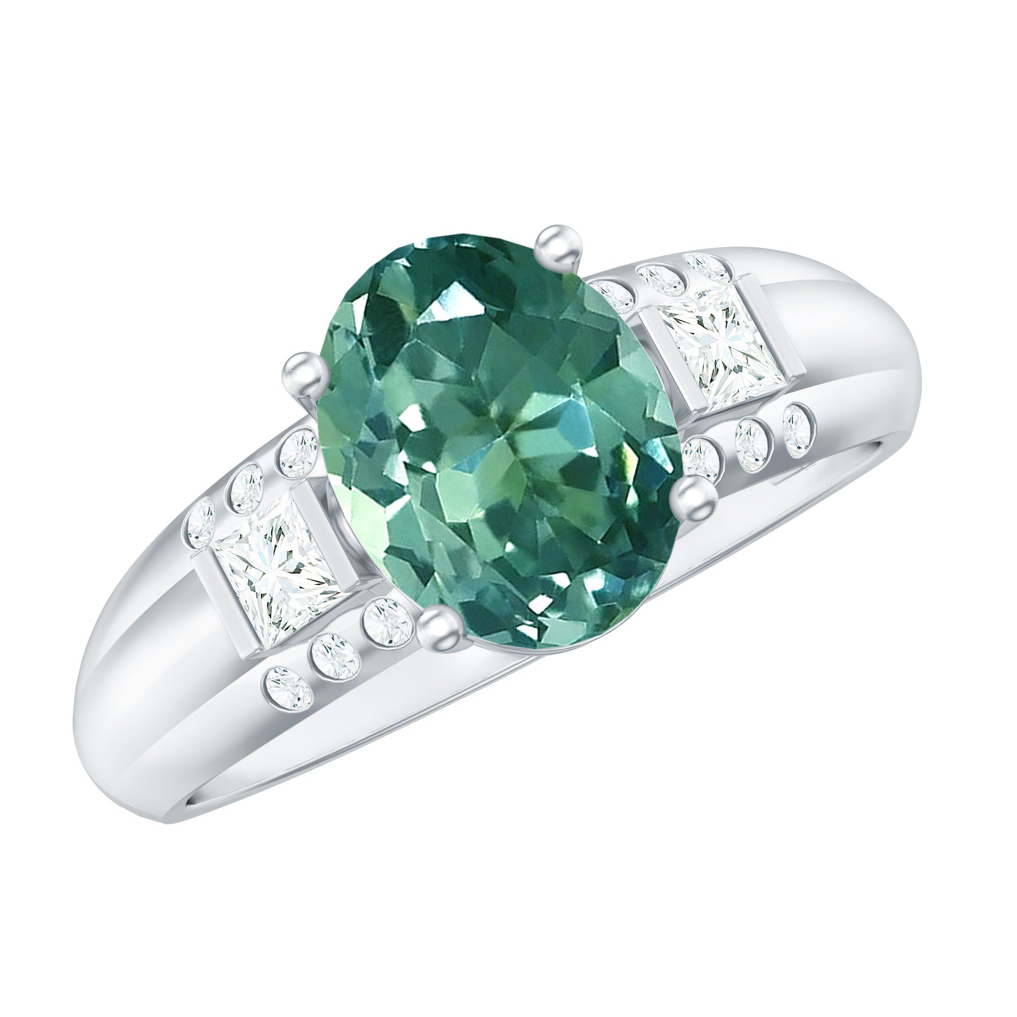 Lab Grown Green Sapphire Solitaire Oval Engagement Ring with Moissanite