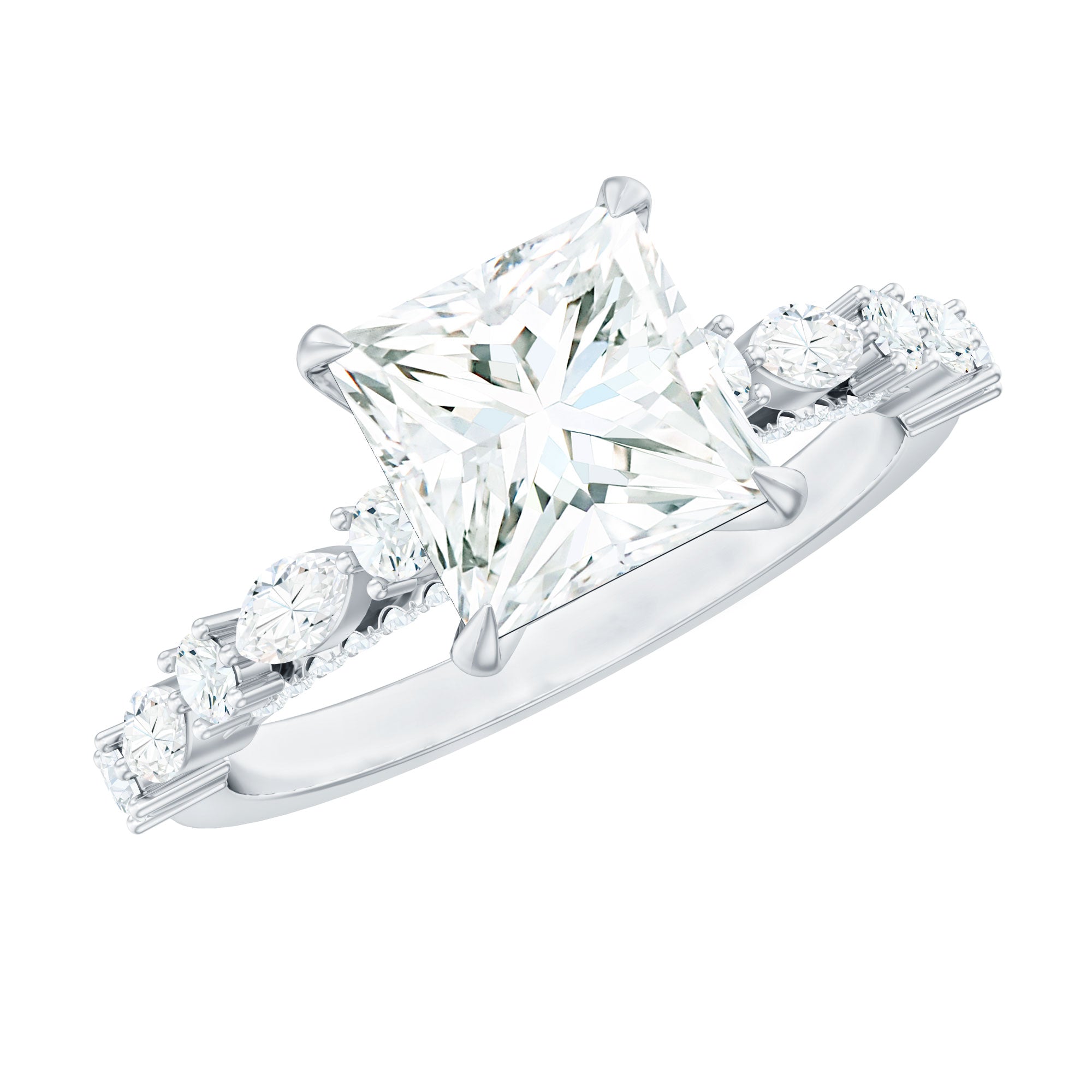 Certified Princess Cut Moissanite Engagement Ring with Side Stones