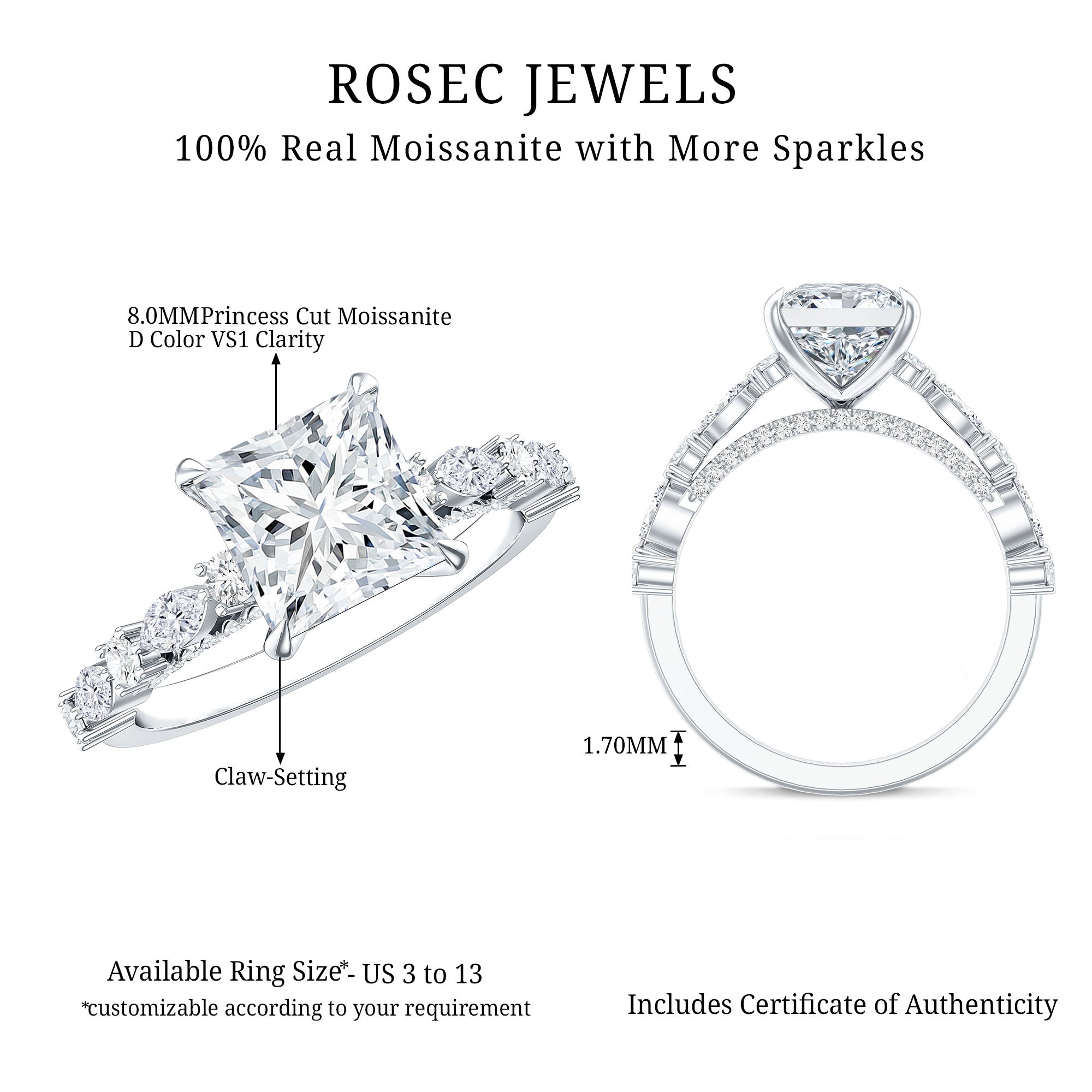 Certified Princess Cut Moissanite Engagement Ring with Side Stones D-VS1 - Rosec Jewels