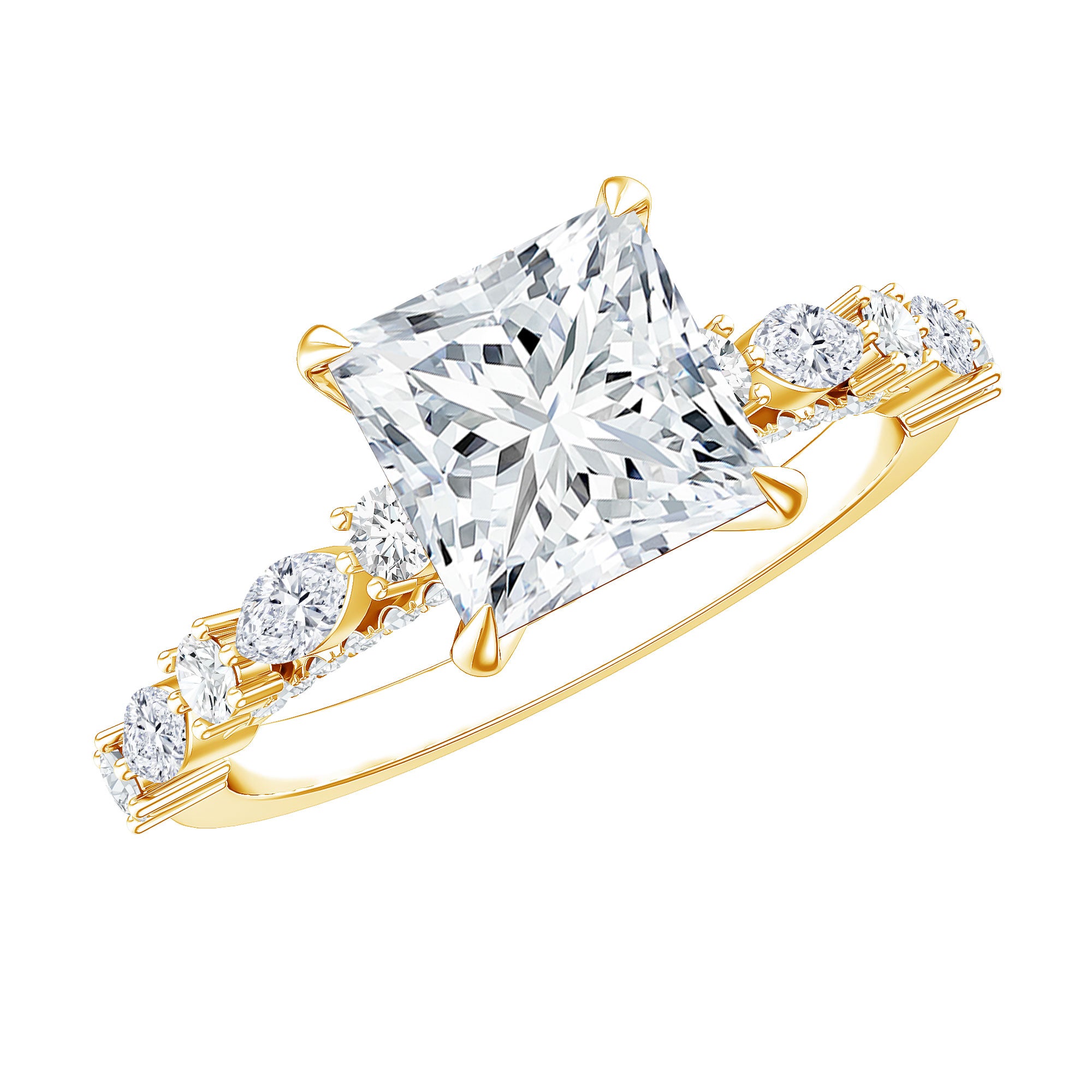 Certified Princess Cut Moissanite Engagement Ring with Side Stones D-VS1 - Rosec Jewels
